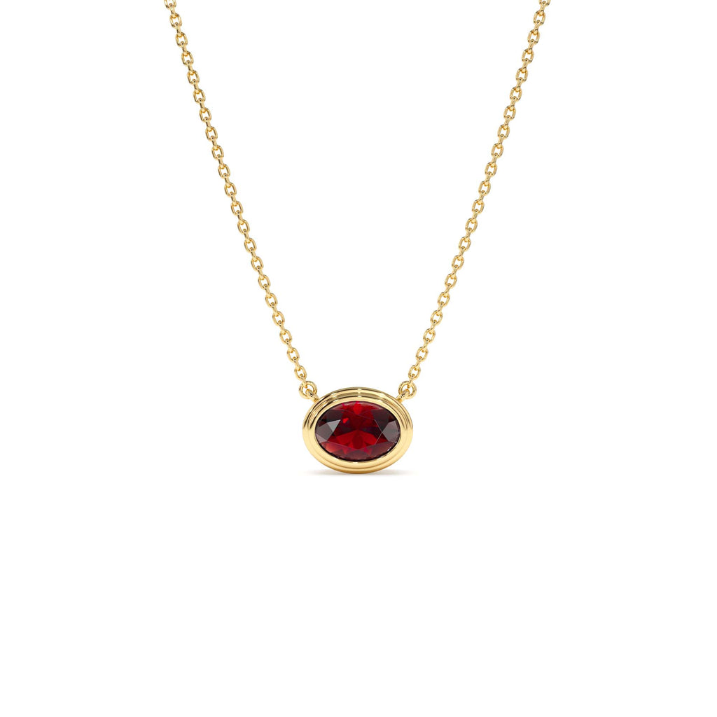 14K Gold Oval Shape Bezel Set Garnet Necklace by Orlina Fine