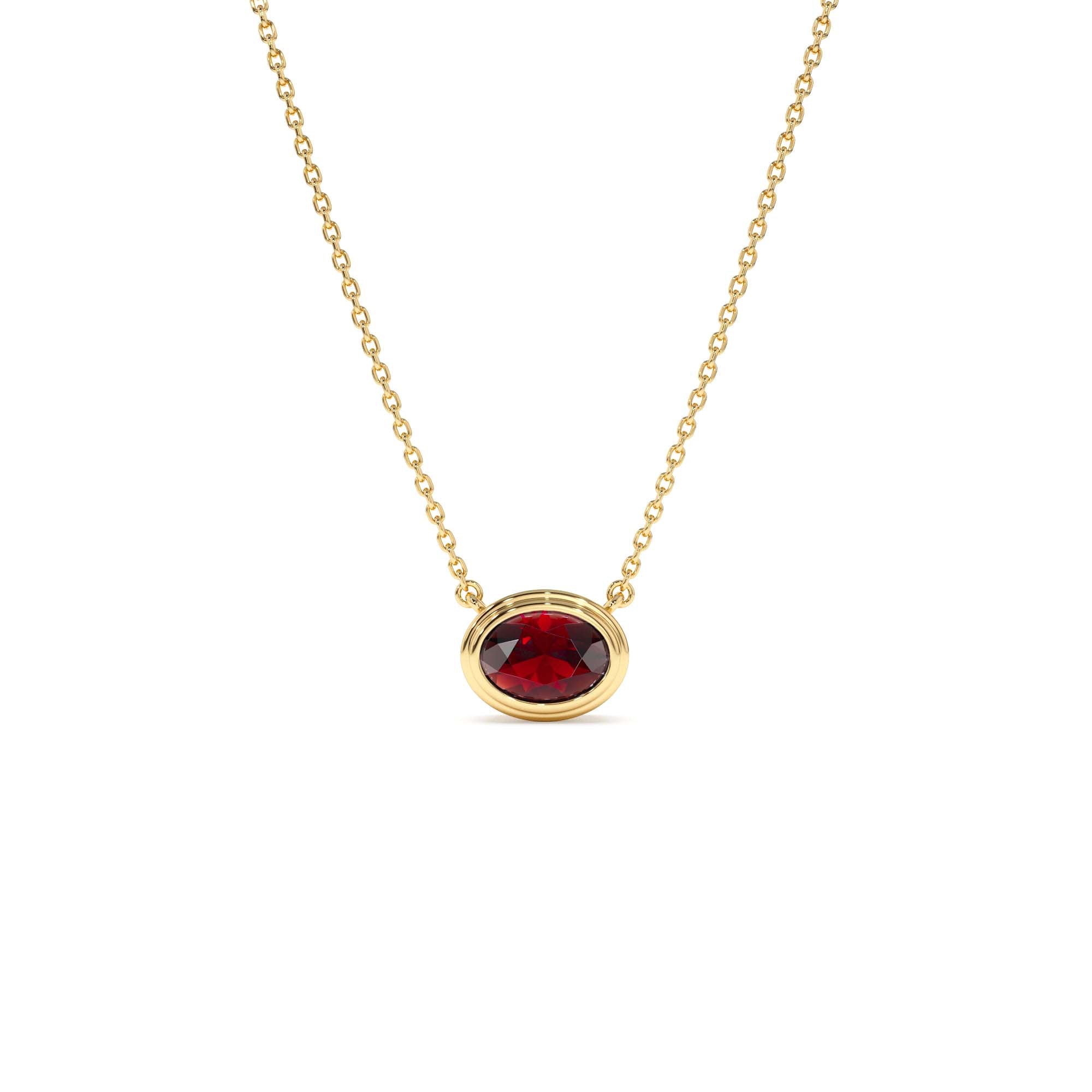 14K Gold Oval Shape Bezel Set Garnet Necklace by Orlina Fine