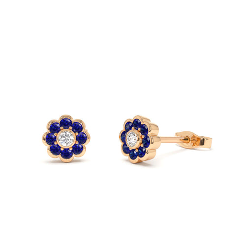 14K Bezel Setting Sapphire Flower Diamond Studs - view 2