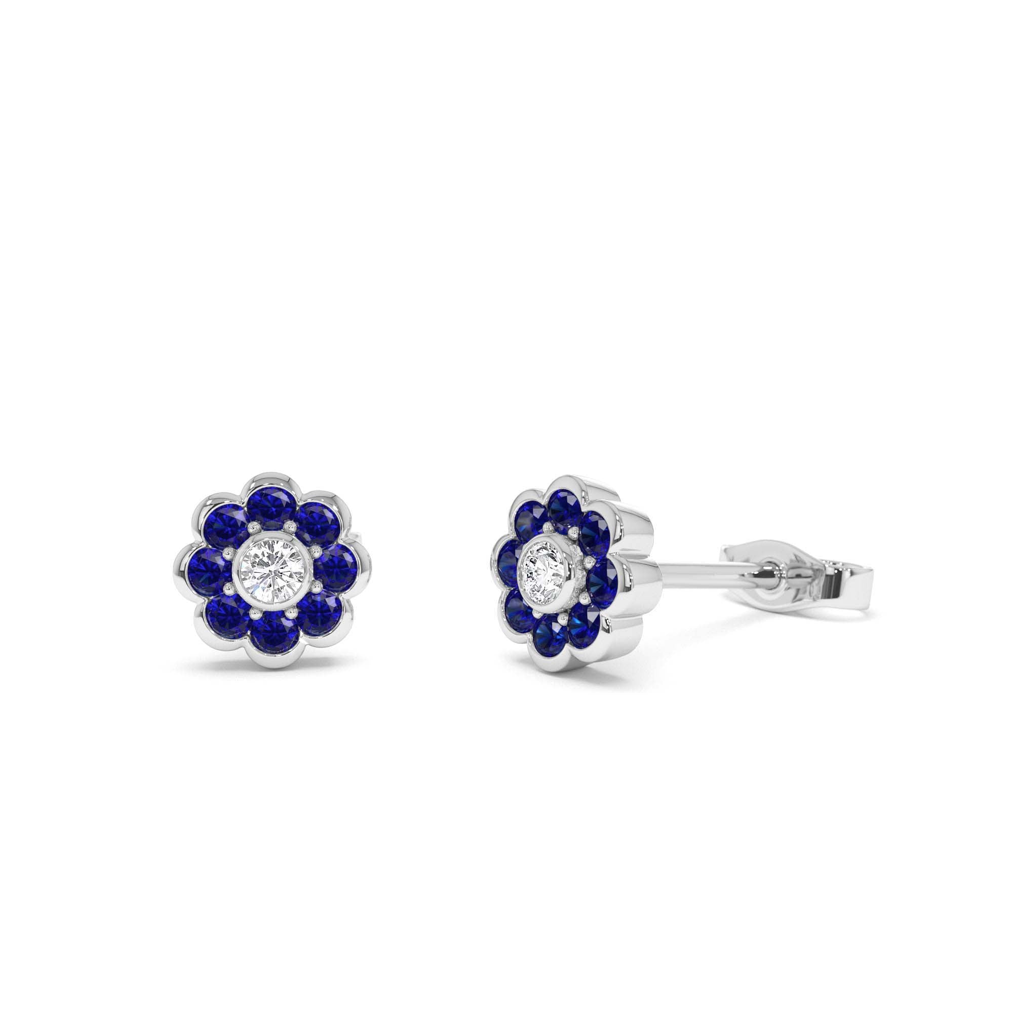 14K Bezel Setting Sapphire Flower Diamond Studs - view 3
