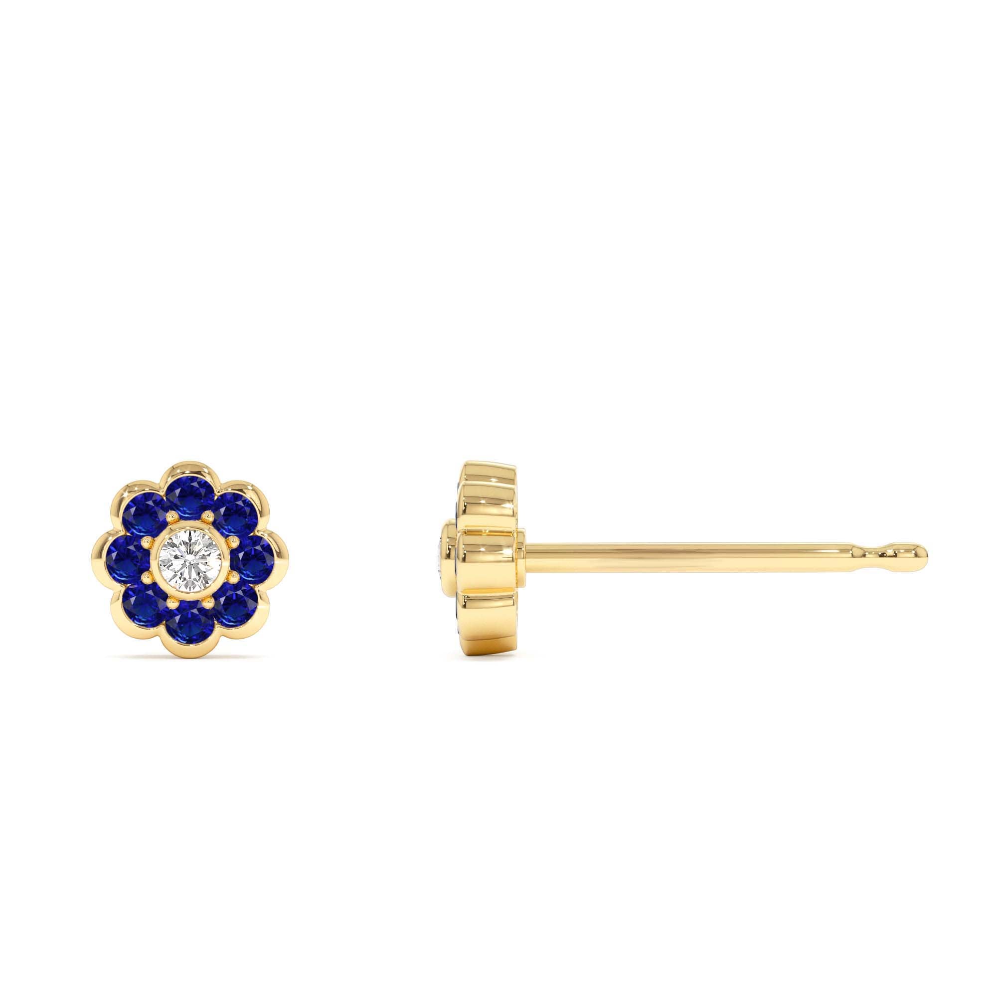 14K Bezel Setting Sapphire Flower Diamond Studs - view 4