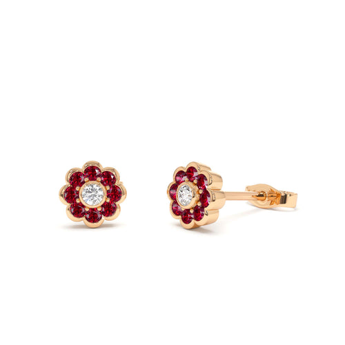 14K Bezel Setting Ruby Flower Diamond Studs - view 2