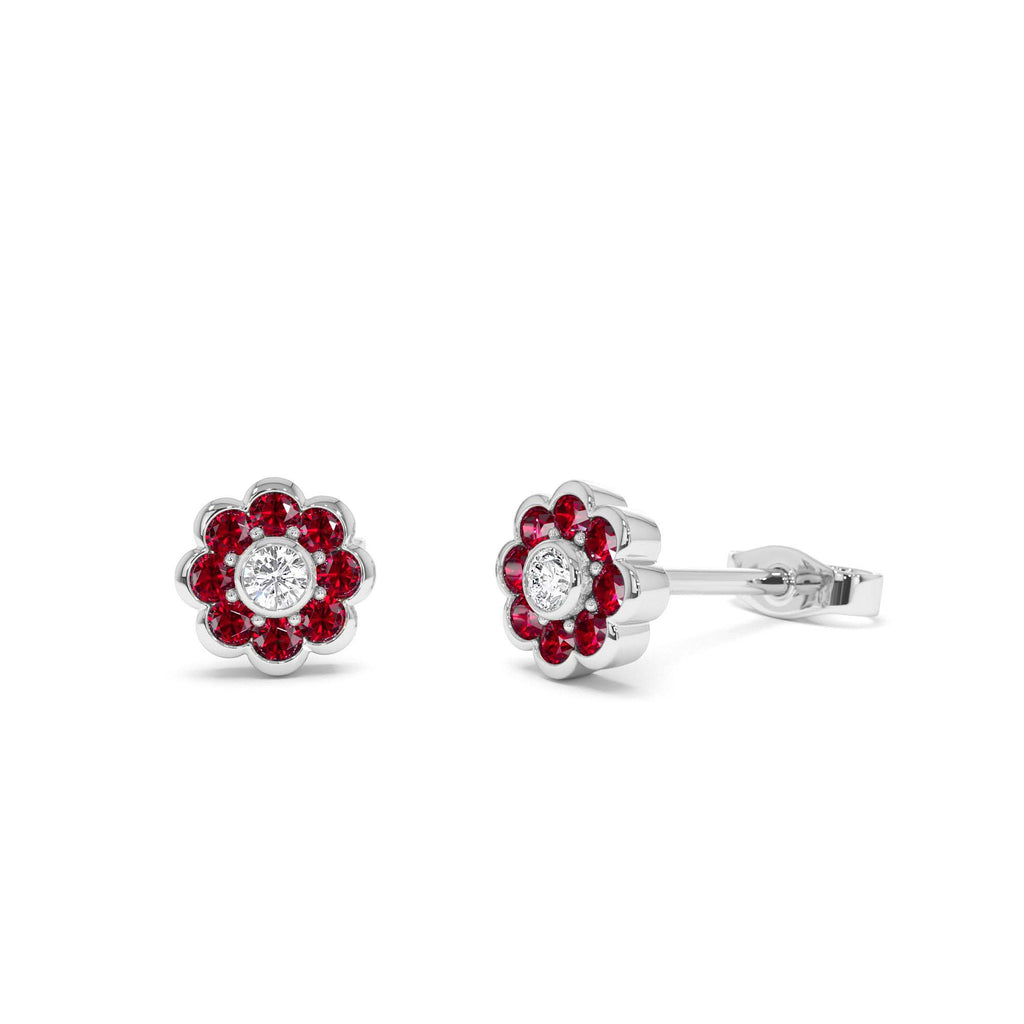 14K Bezel Setting Ruby Flower Diamond Studs - view 3