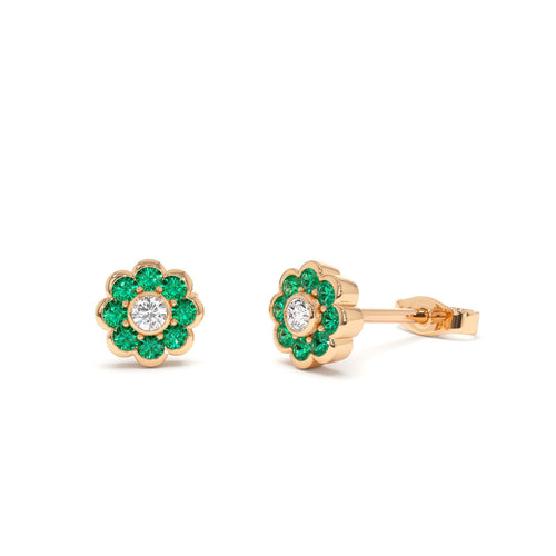 14K Bezel Setting Emerald Flower Diamond Studs - view 2