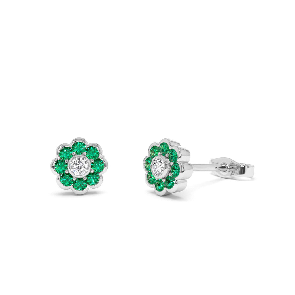 14K Bezel Setting Emerald Flower Diamond Studs - view 3