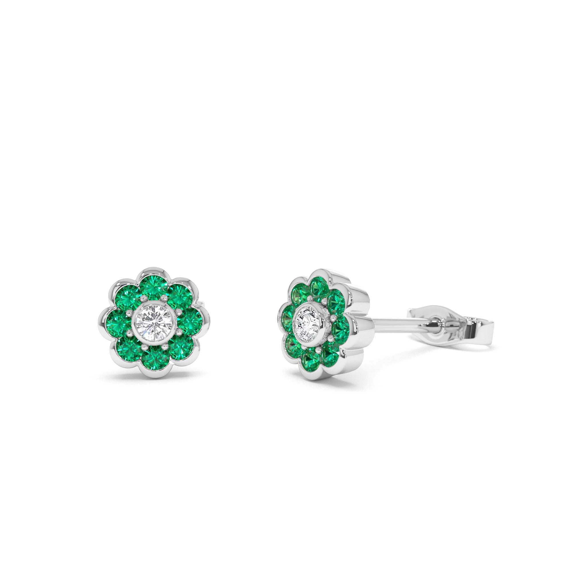 14K Bezel Setting Emerald Flower Diamond Studs - view 3