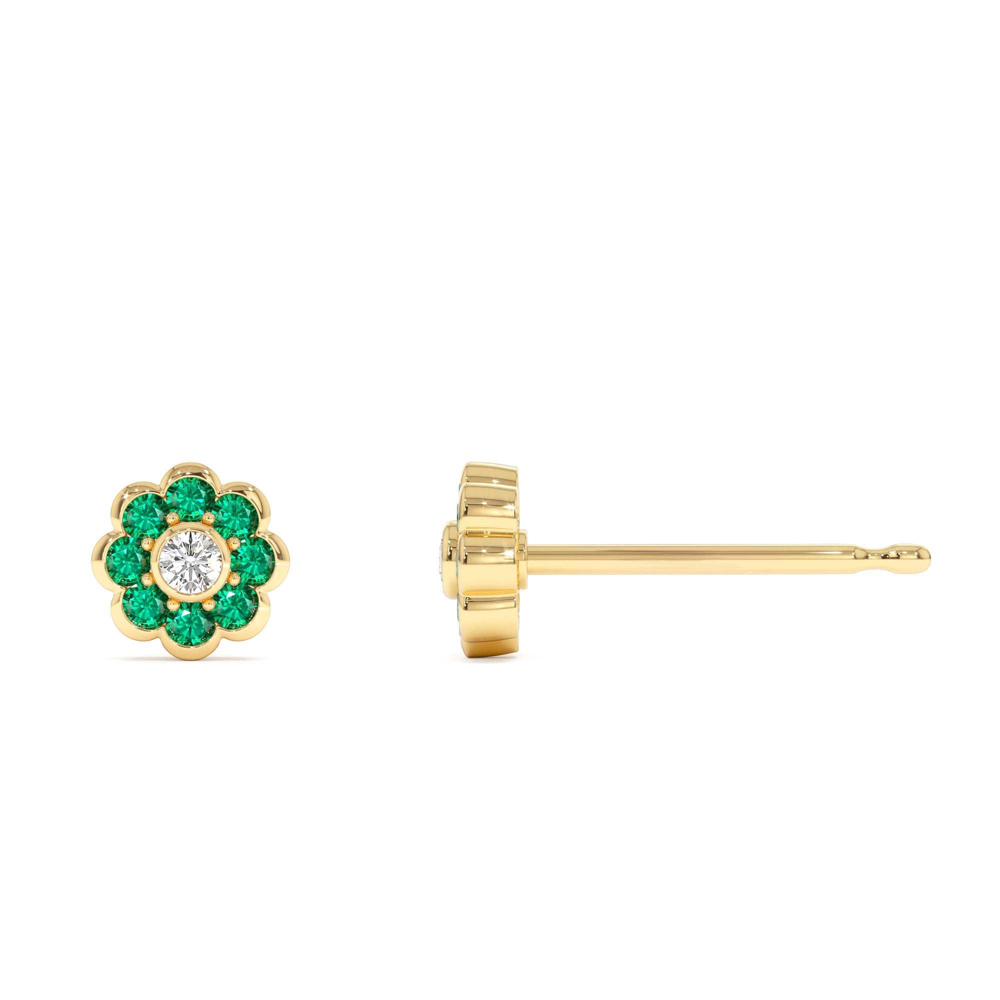 14K Bezel Setting Emerald Flower Diamond Studs - view 4