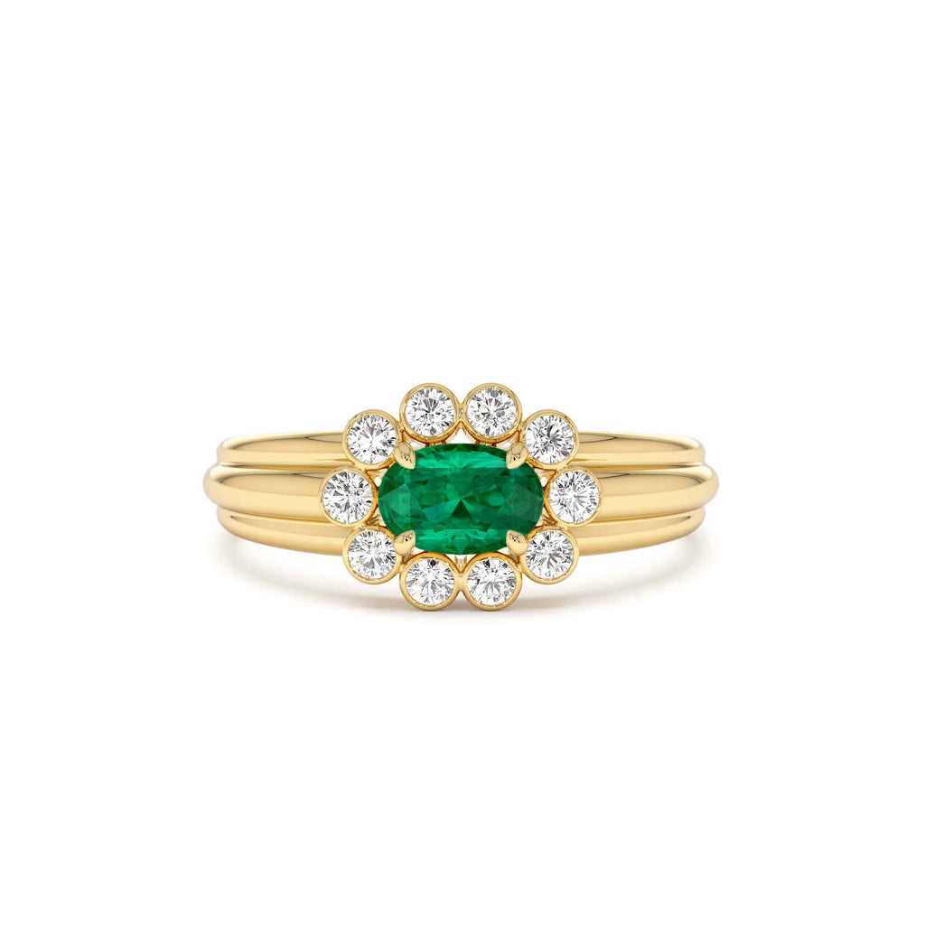 14k Oval Shaped Emerald with Bezel Hale Setting Ring by Orlina Fine
