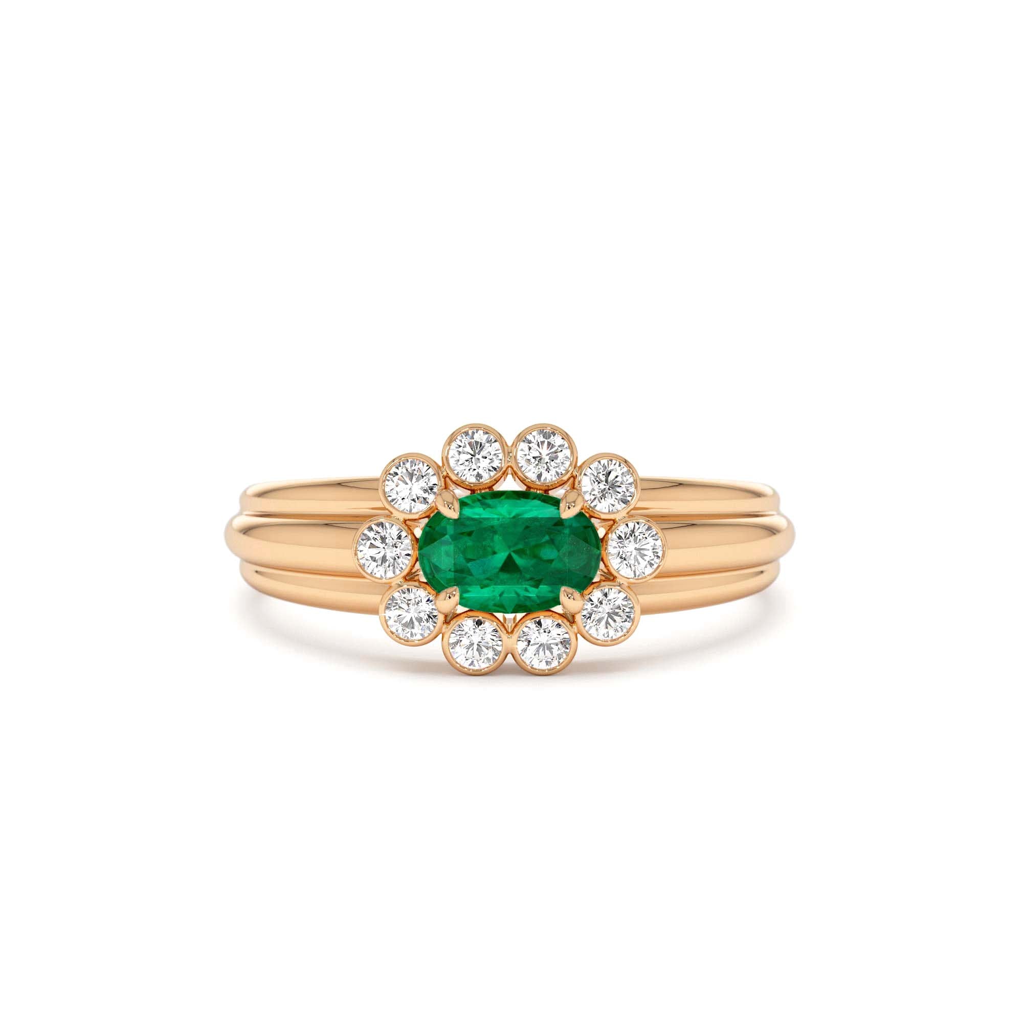 14k Oval Shaped Emerald with Bezel Hale Setting Ring - view 2