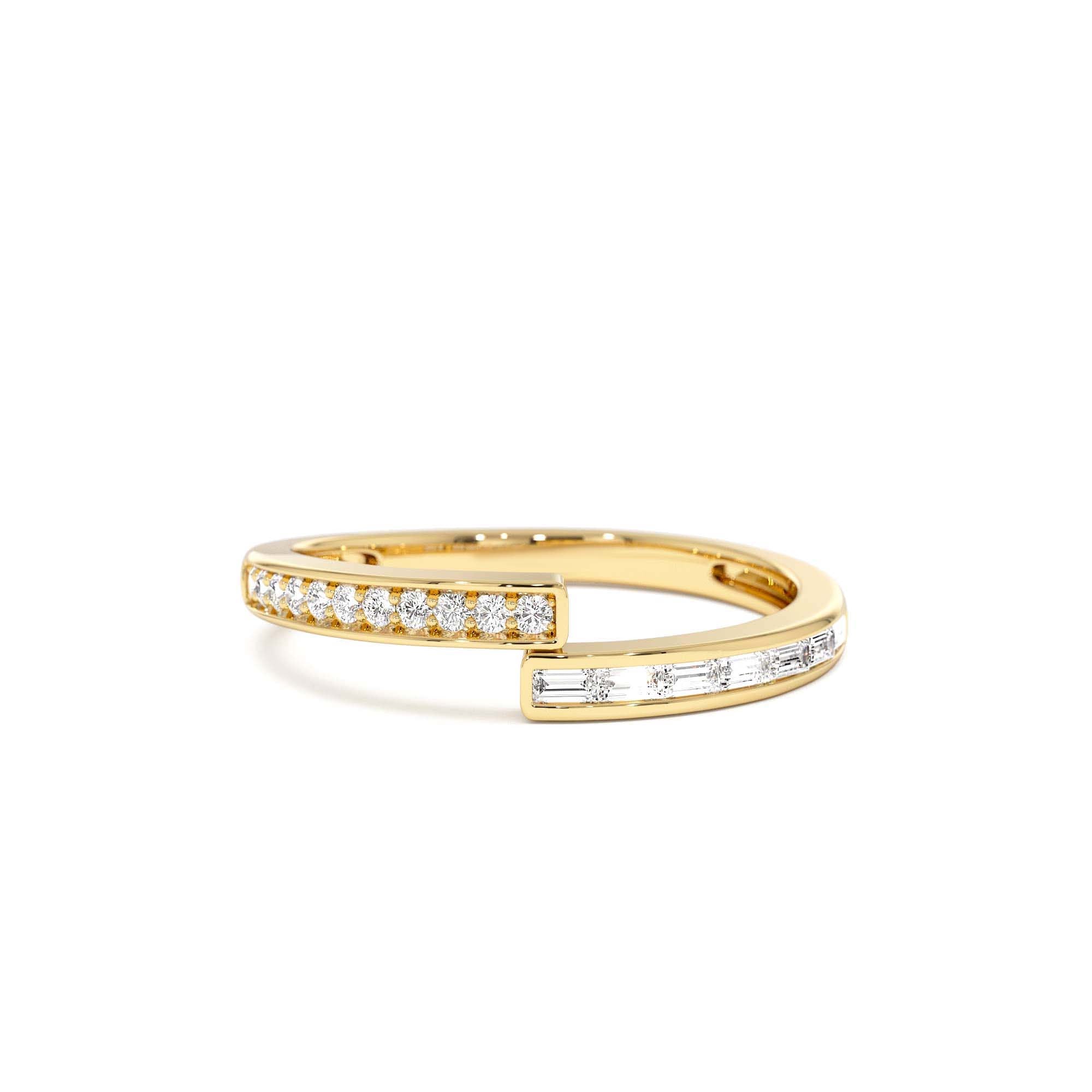 14k Baguette and Round Diamond Crossover Ring by Orlina Fine