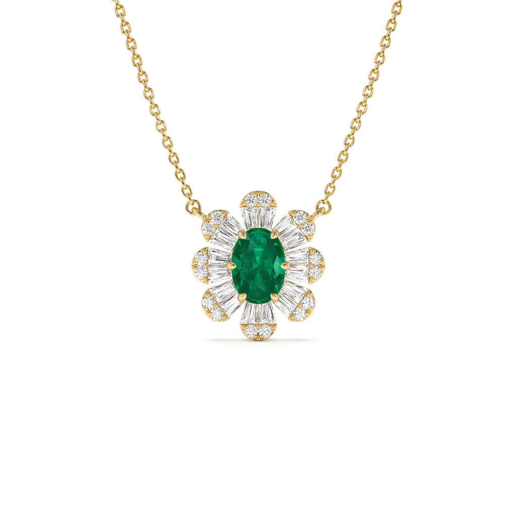 14k Oval Shape Emerald Necklace with Baguettes by Orlina Fine
