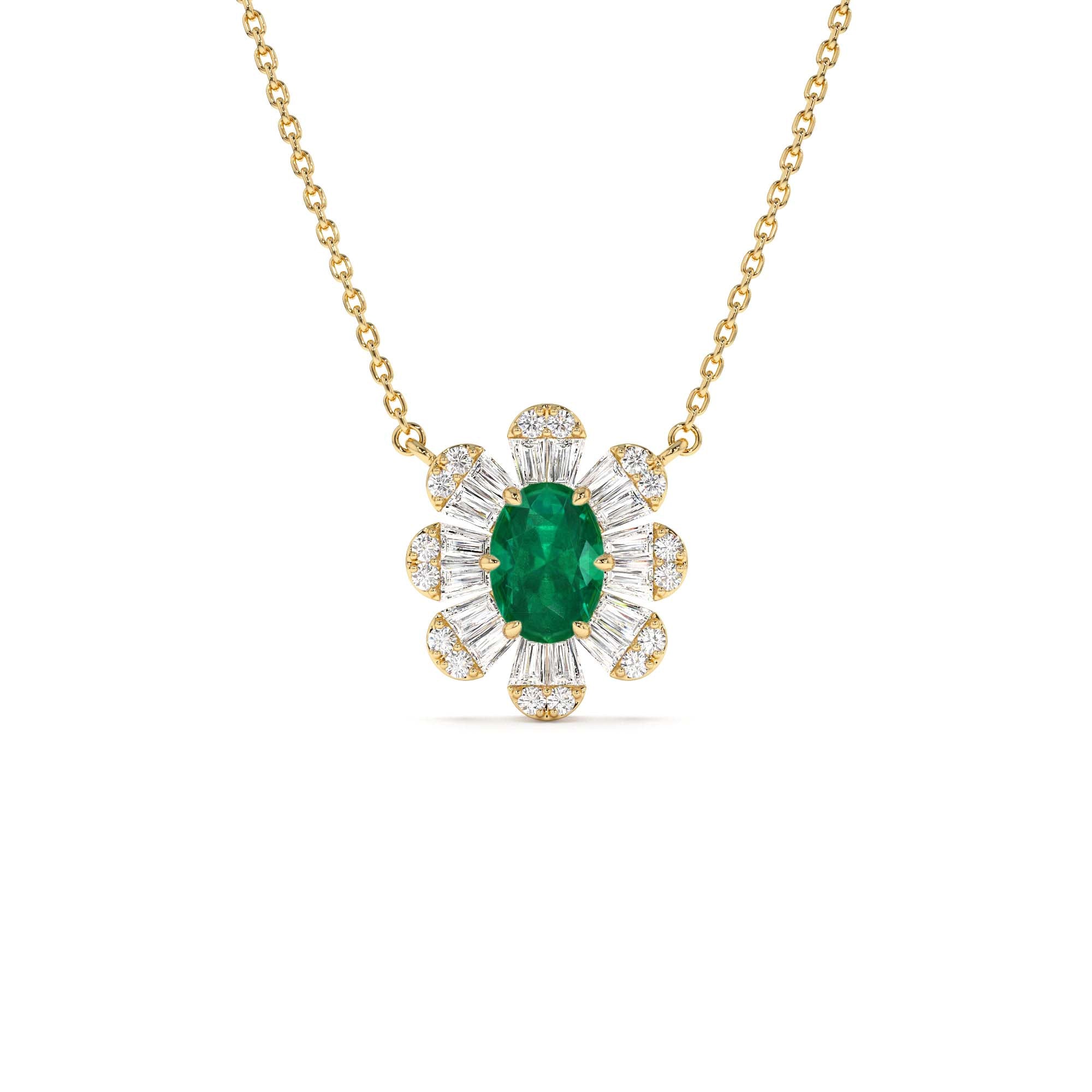 14k Oval Shape Emerald Necklace with Baguettes by Orlina Fine