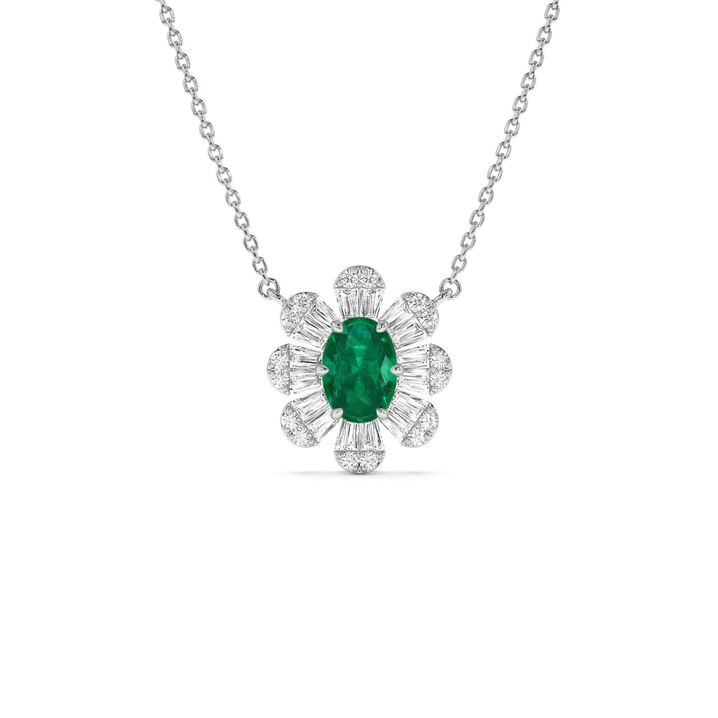 14k Oval Shape Emerald Necklace with Baguettes - view 2