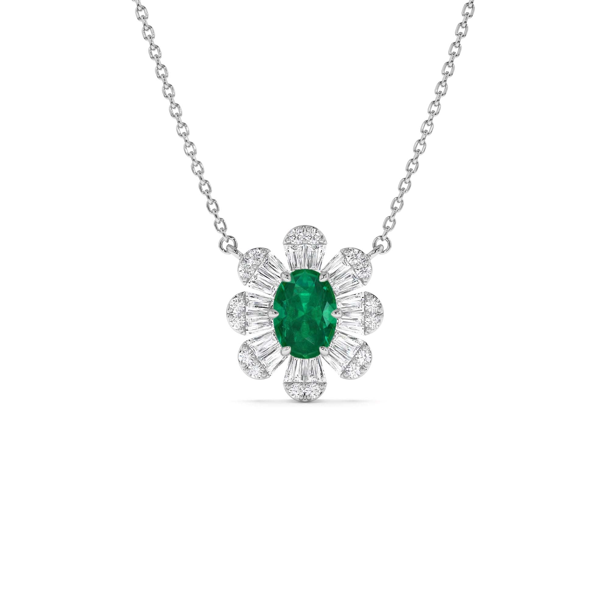 14k Oval Shape Emerald Necklace with Baguettes - view 2