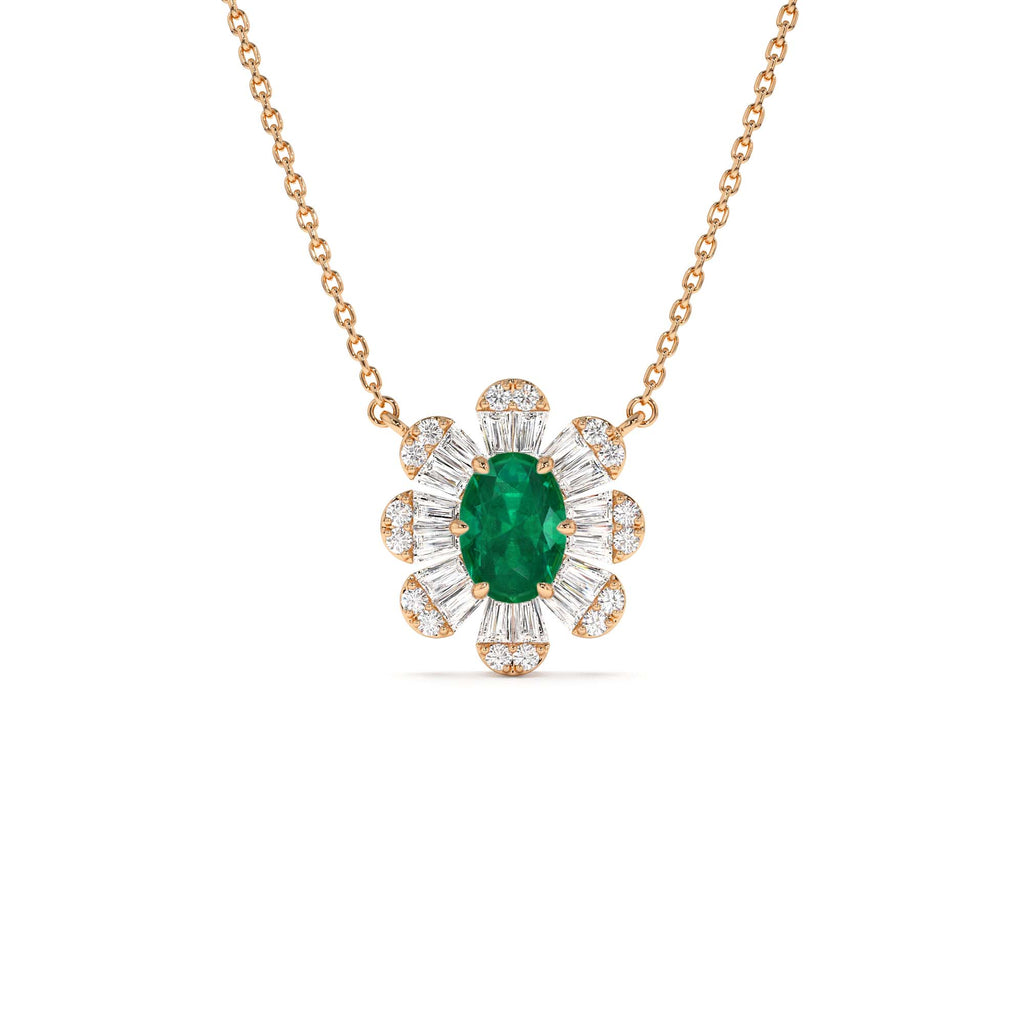 14k Oval Shape Emerald Necklace with Baguettes - view 3