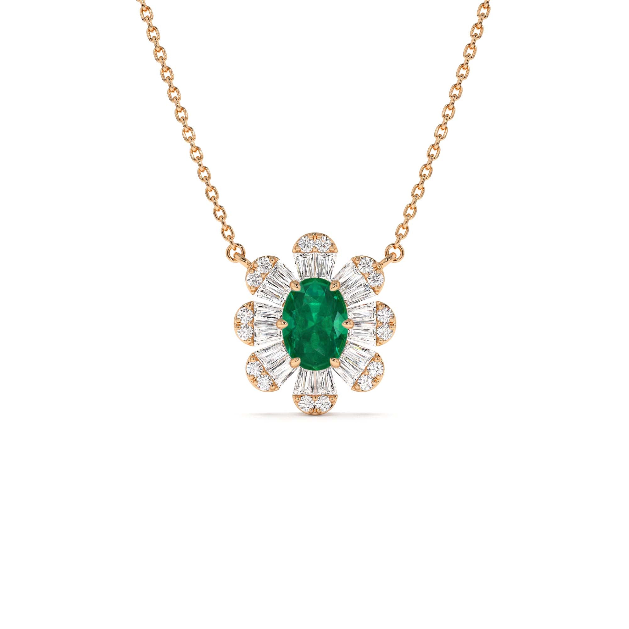 14k Oval Shape Emerald Necklace with Baguettes - view 3