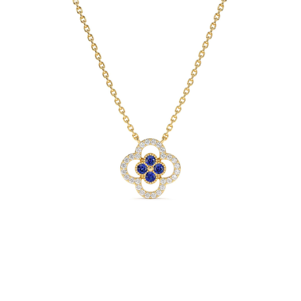 14k Sapphire Clover Necklace in Halo Setting by Orlina Fine