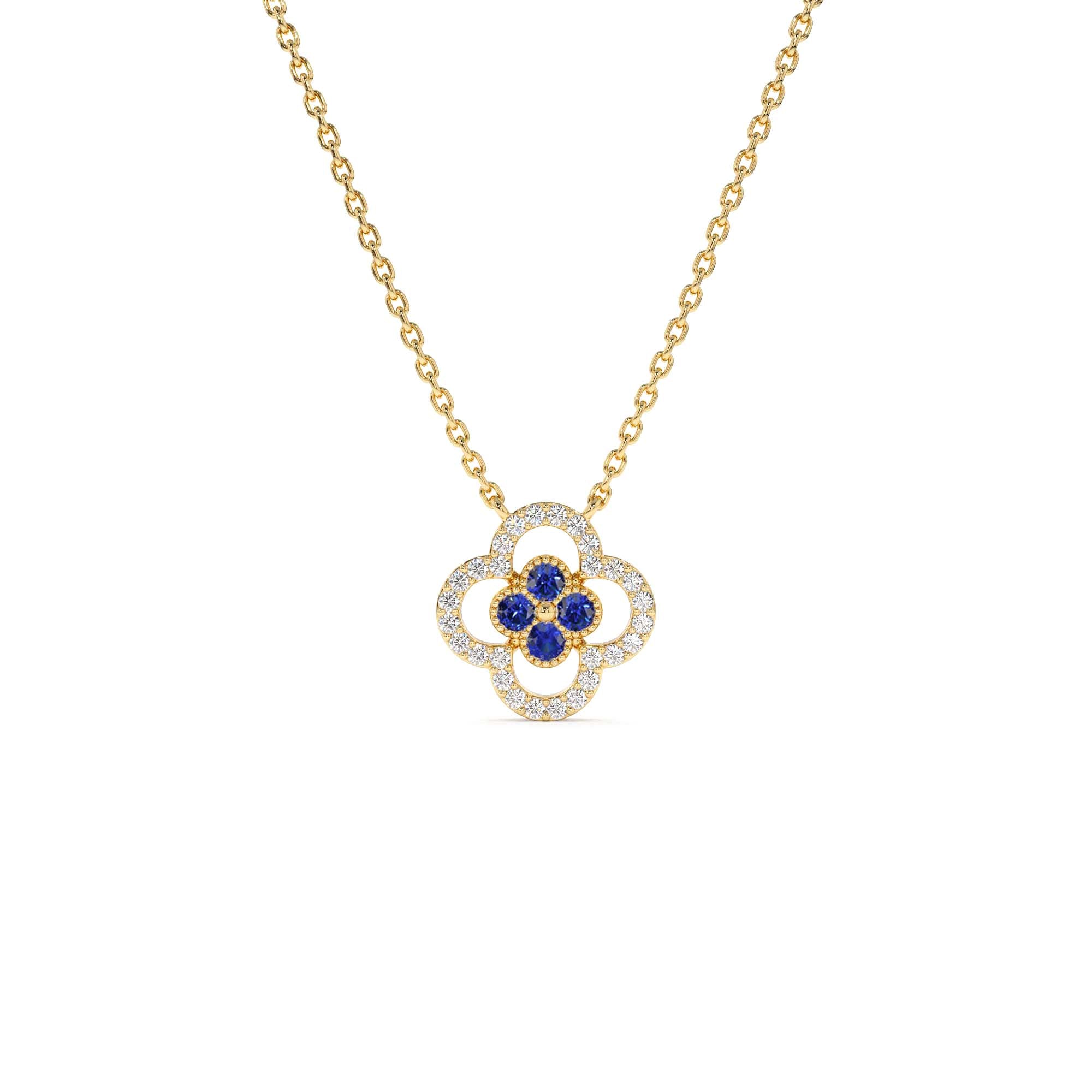 14k Sapphire Clover Necklace in Halo Setting by Orlina Fine