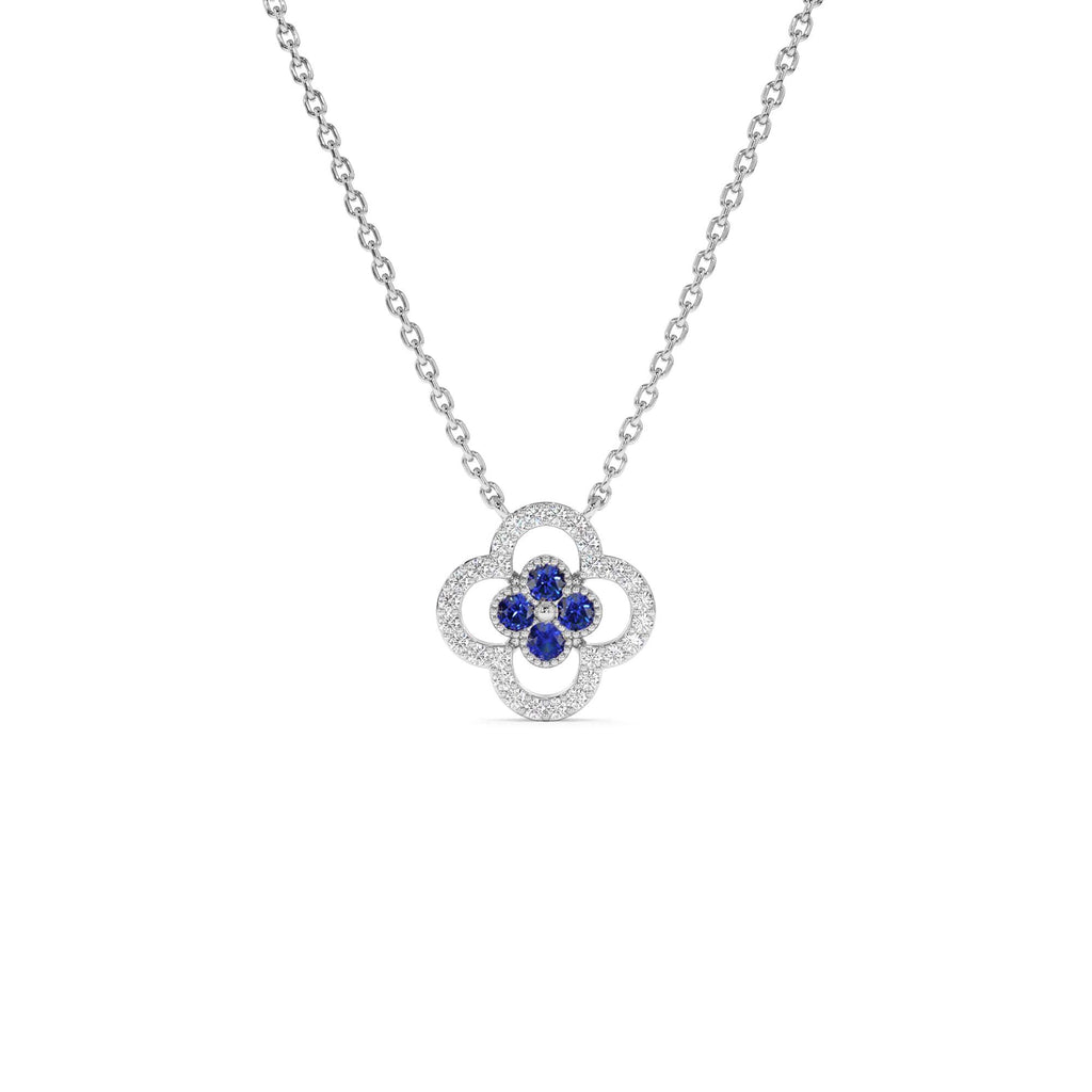 14k Sapphire Clover Necklace in Halo Setting - view 2