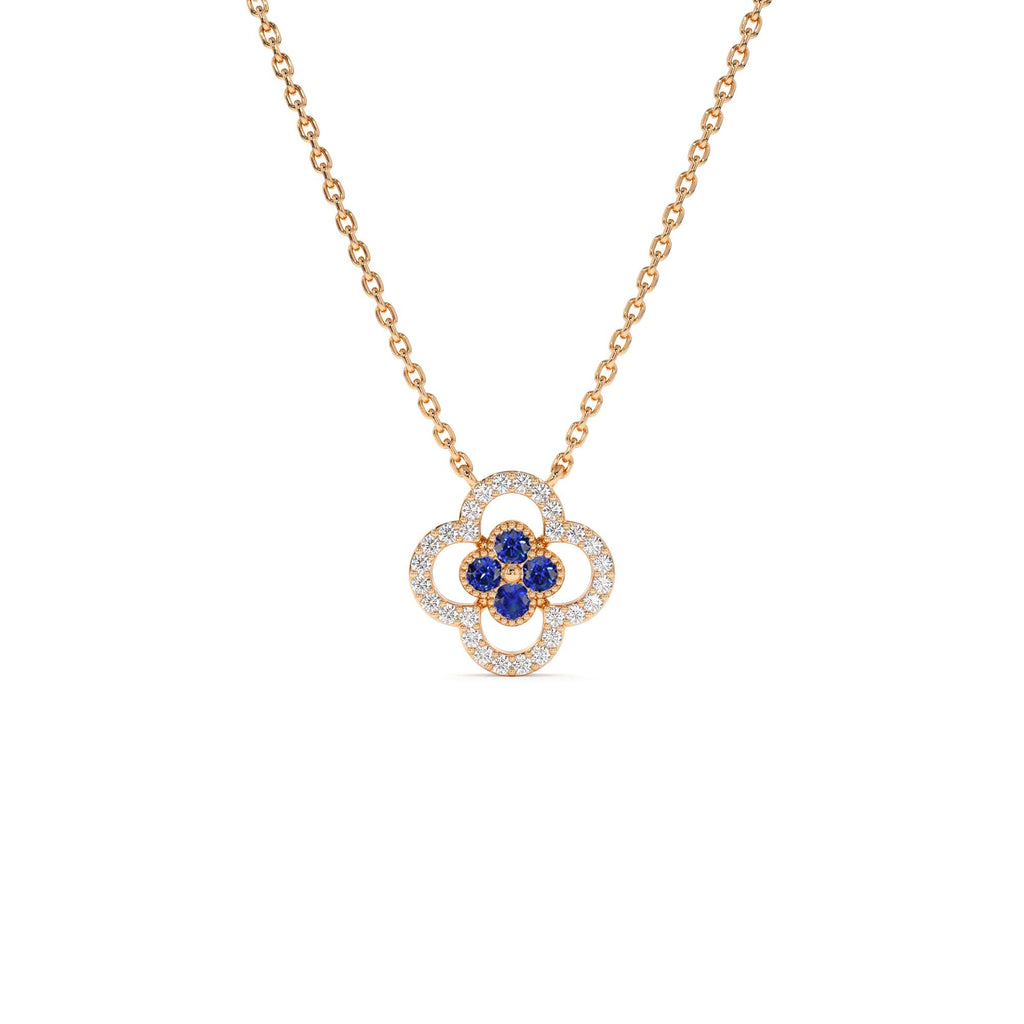 14k Sapphire Clover Necklace in Halo Setting - view 3