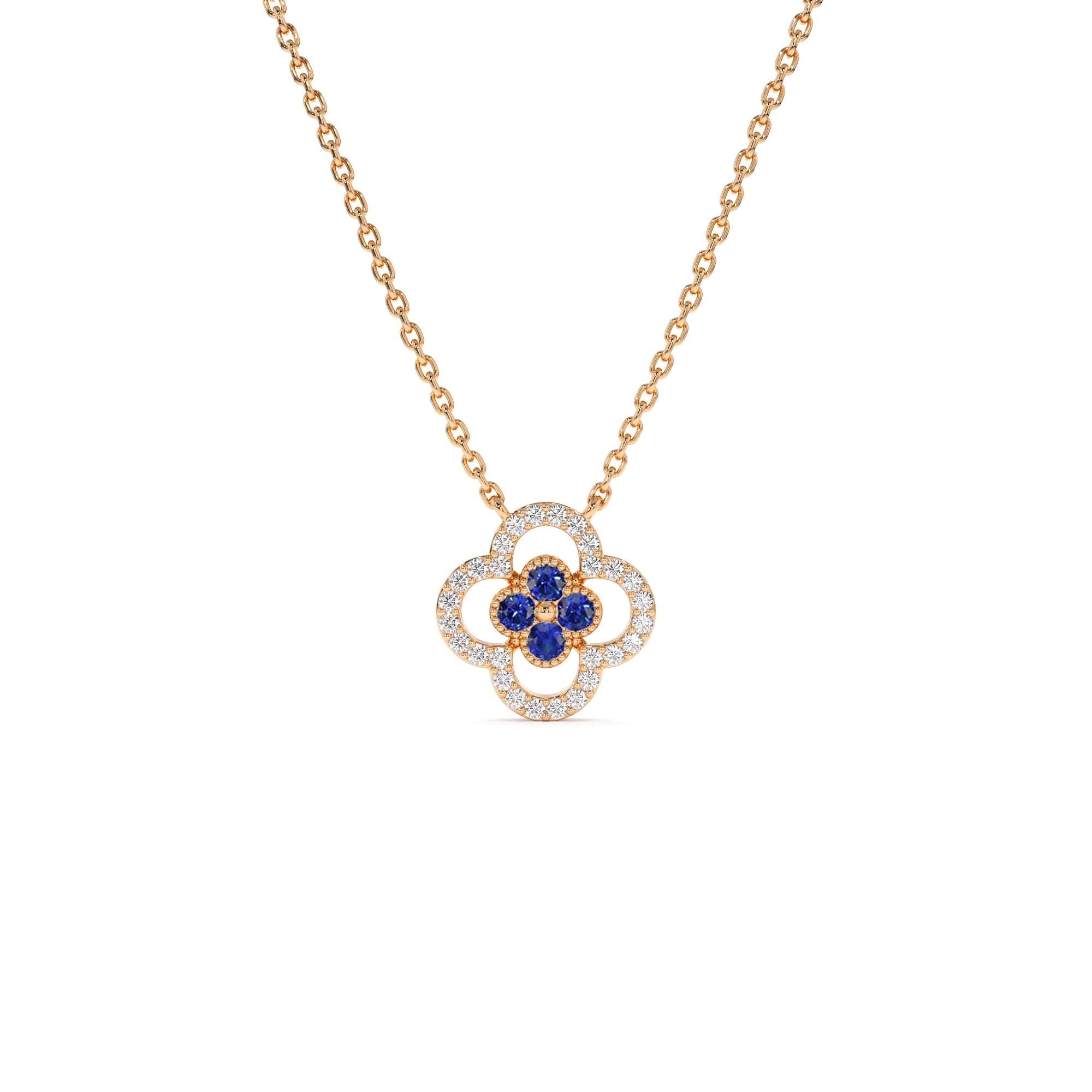 14k Sapphire Clover Necklace in Halo Setting - view 3