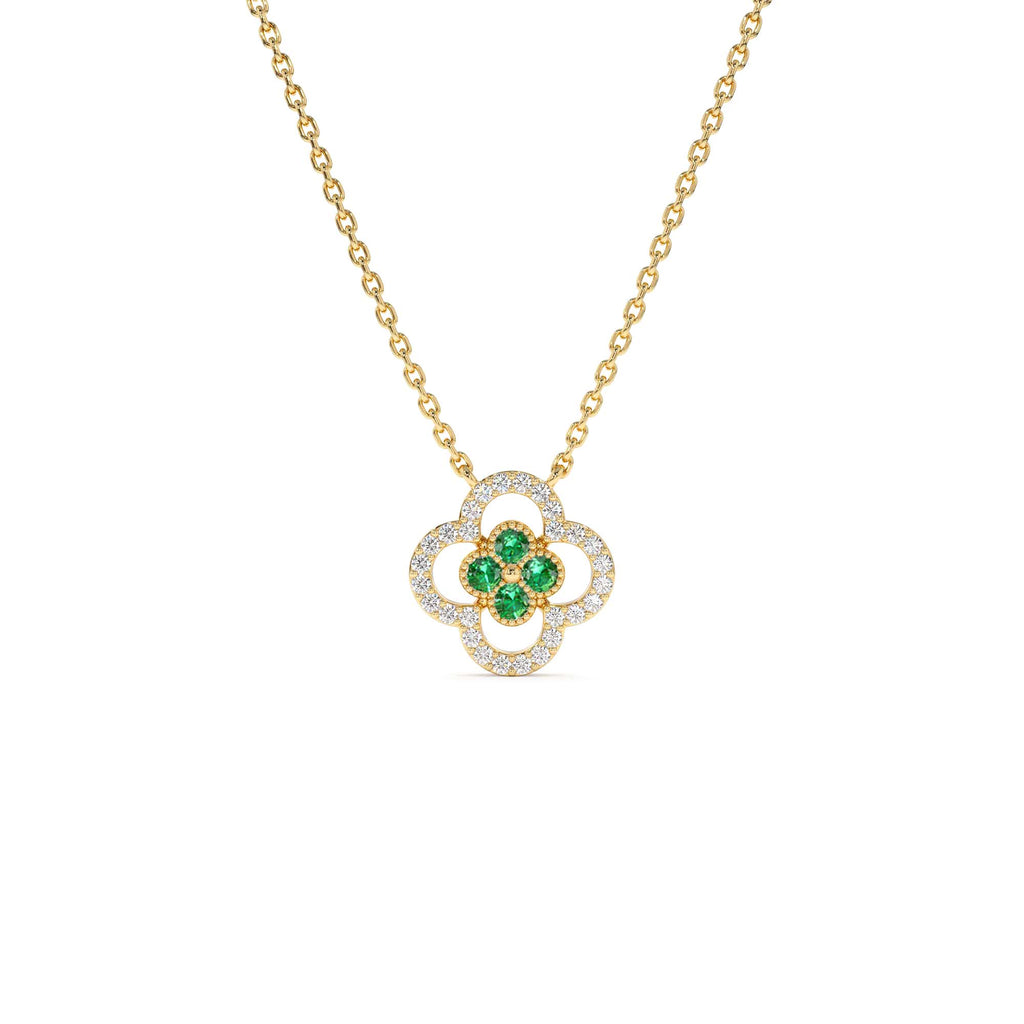 14k Emerald Clover Necklace in Halo Setting by Orlina Fine