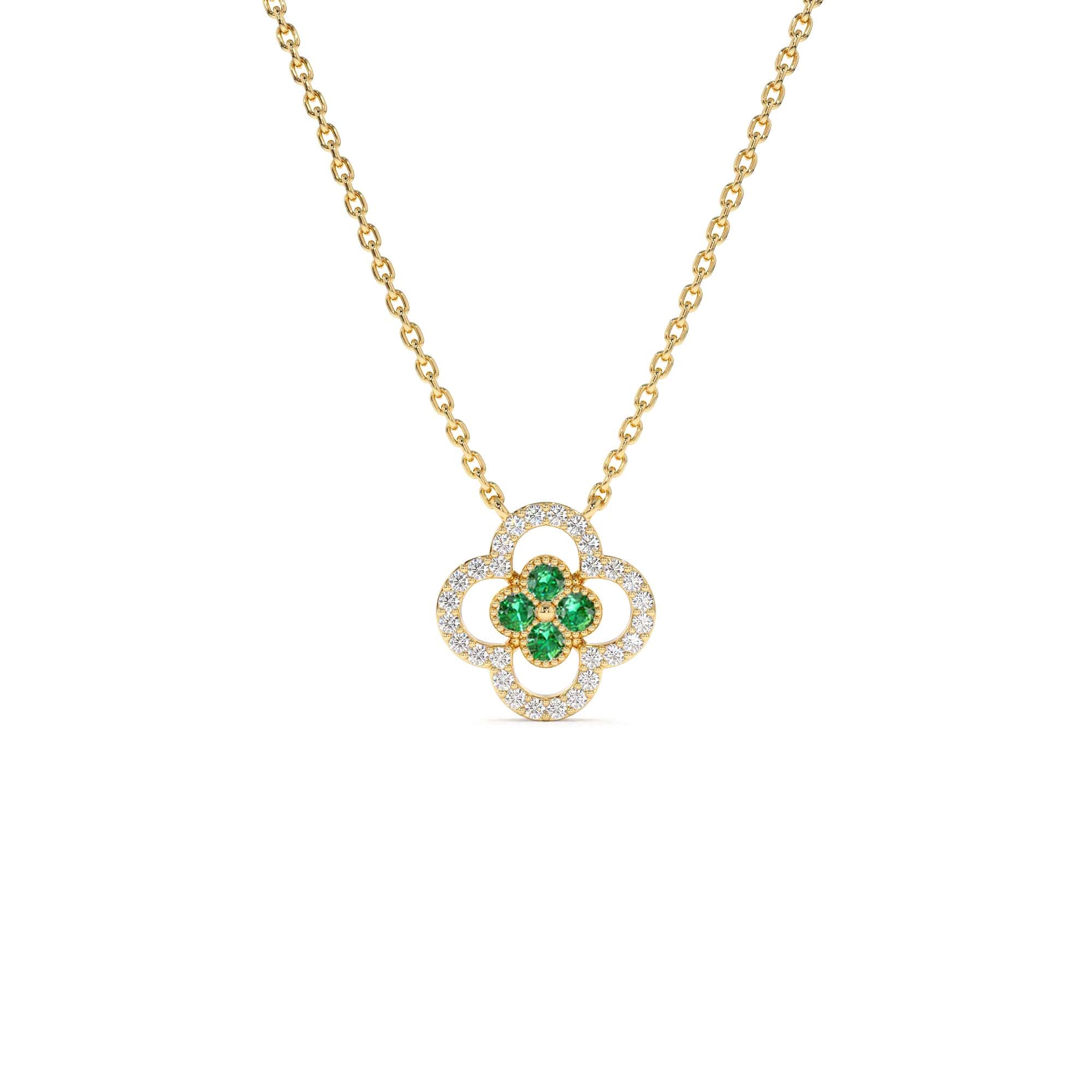 14k Emerald Clover Necklace in Halo Setting by Orlina Fine
