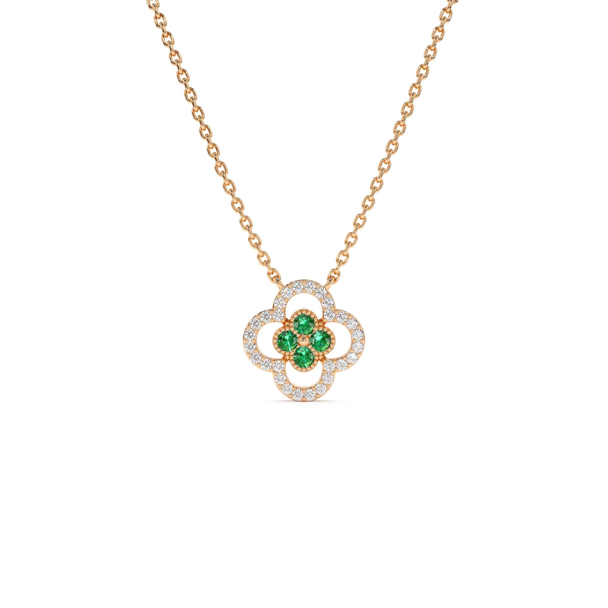 14k Emerald Clover Necklace in Halo Setting - view 2