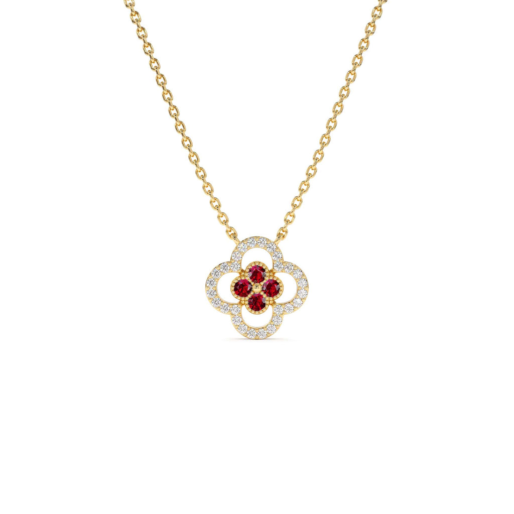 14k Ruby Clover Necklace in Halo Setting by Orlina Fine