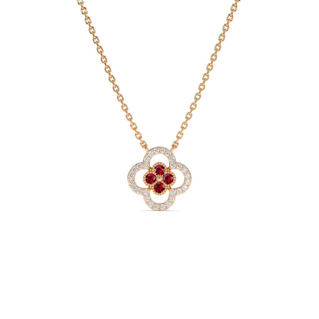 14k Ruby Clover Necklace in Halo Setting - view 2