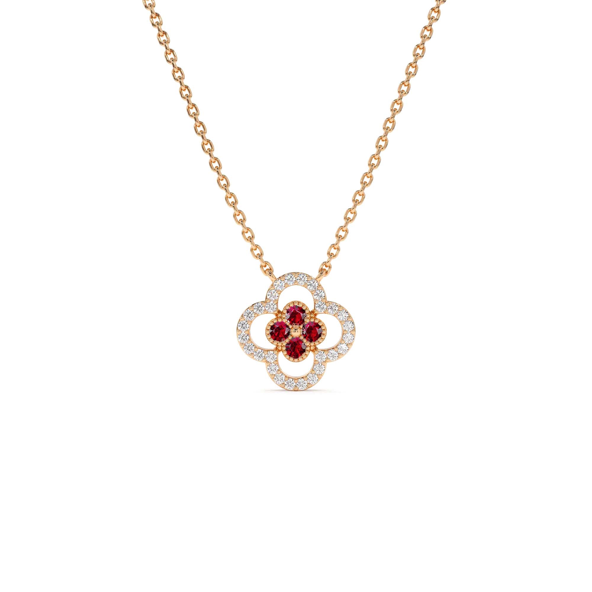 14k Ruby Clover Necklace in Halo Setting - view 2