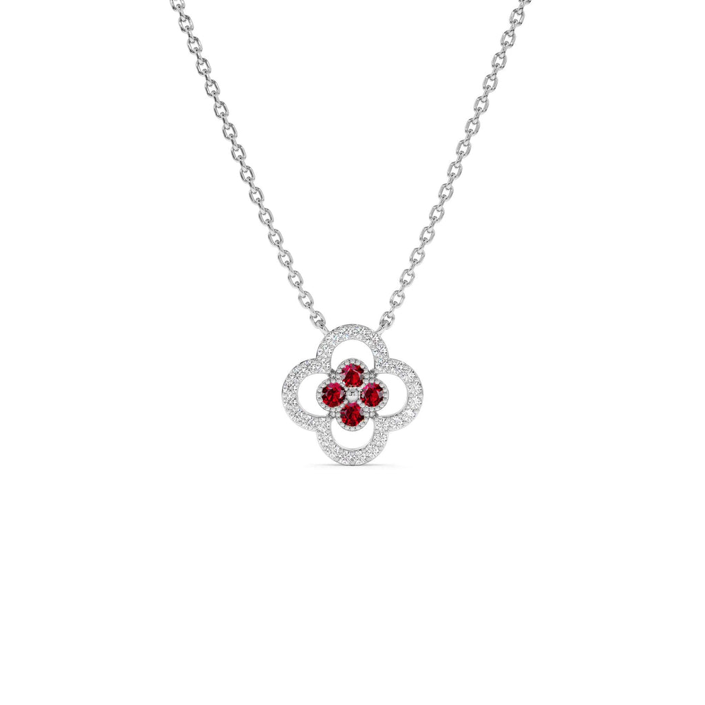 14k Ruby Clover Necklace in Halo Setting - view 3