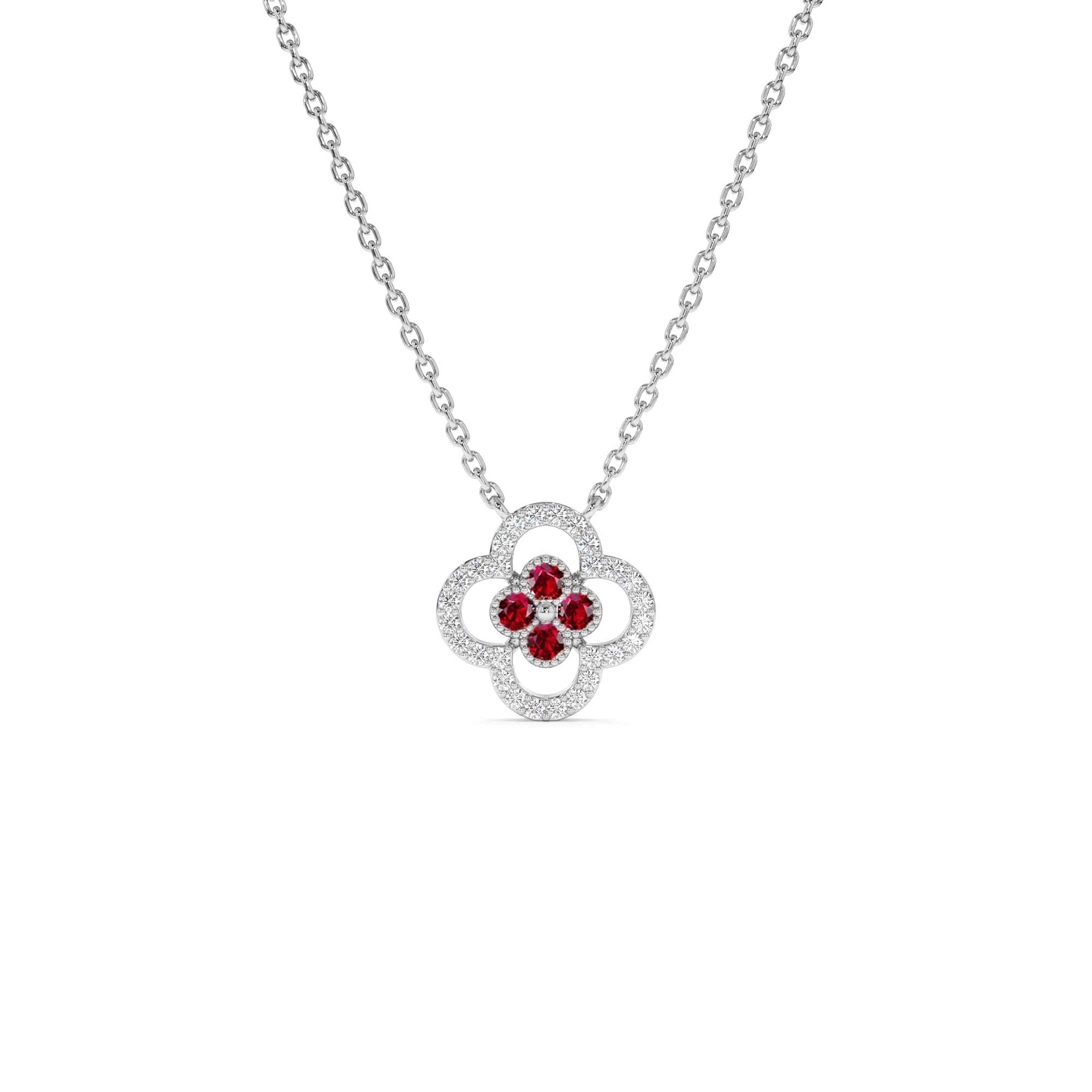 14k Ruby Clover Necklace in Halo Setting - view 3