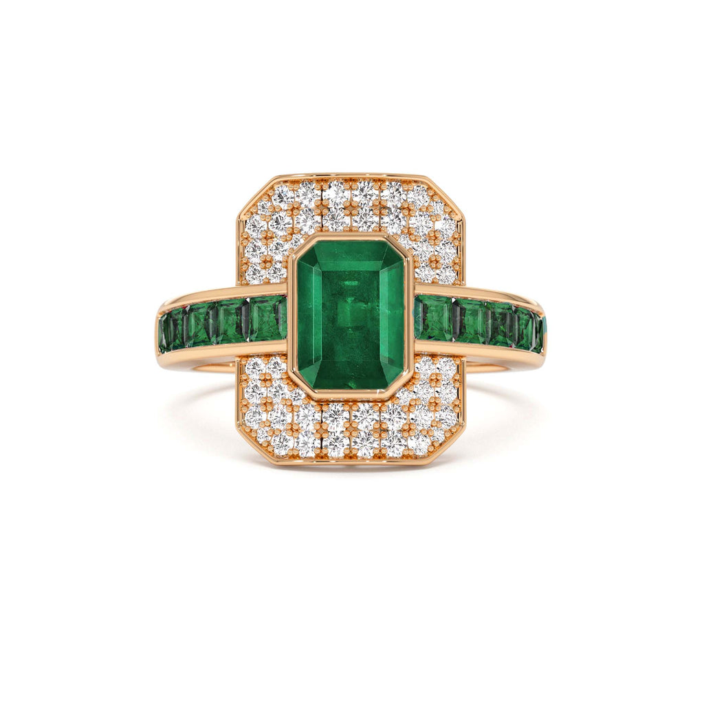14k Unique Emerald and Diamond Art Deco Ring - view 2