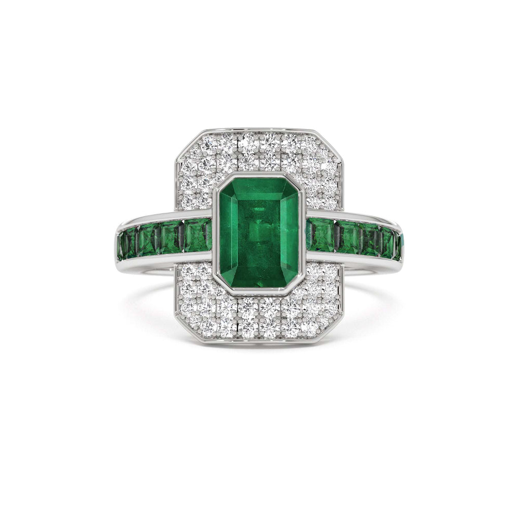 14k Unique Emerald and Diamond Art Deco Ring - view 3