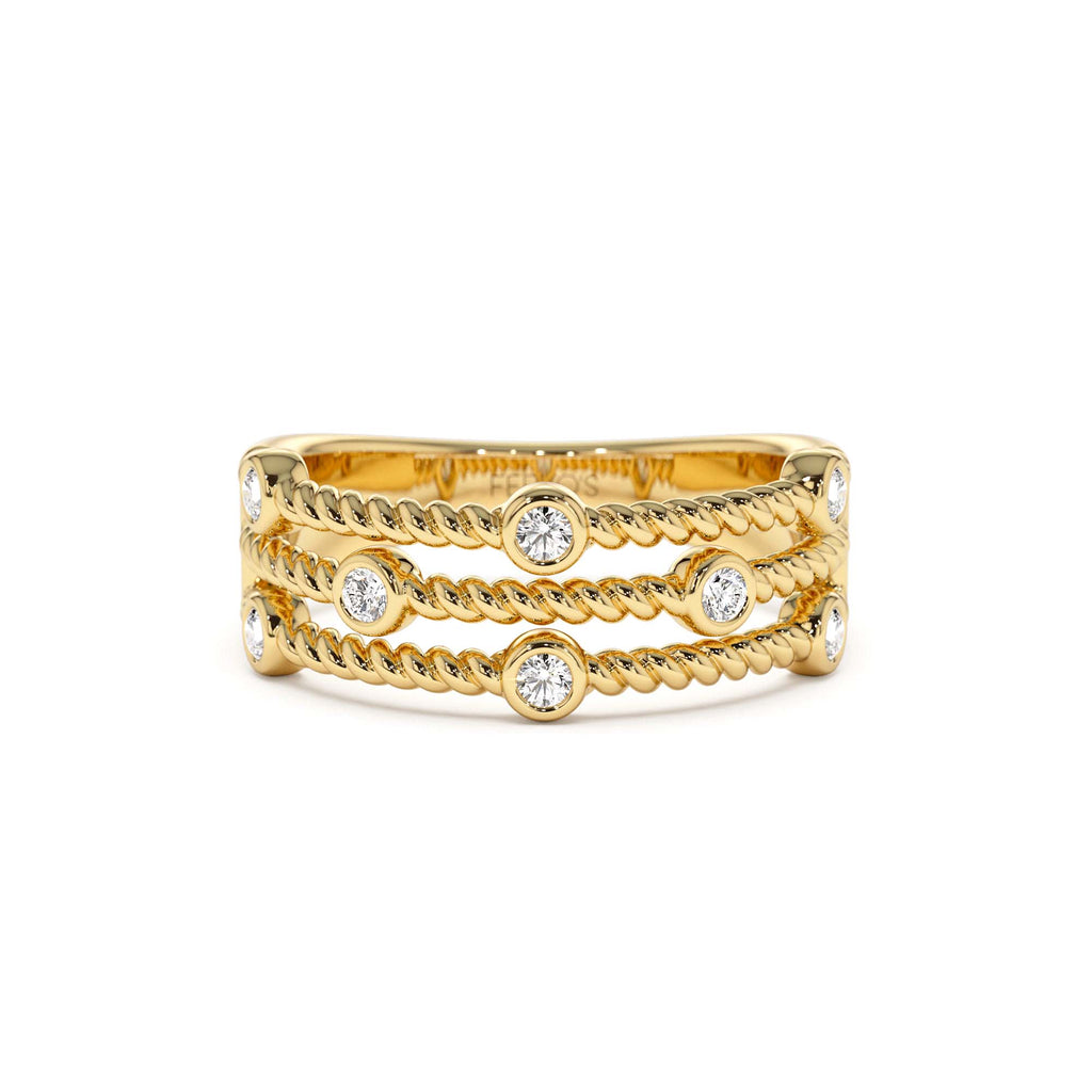 14K Gold Twisted Rope Triple Diamond Ring by Orlina Fine