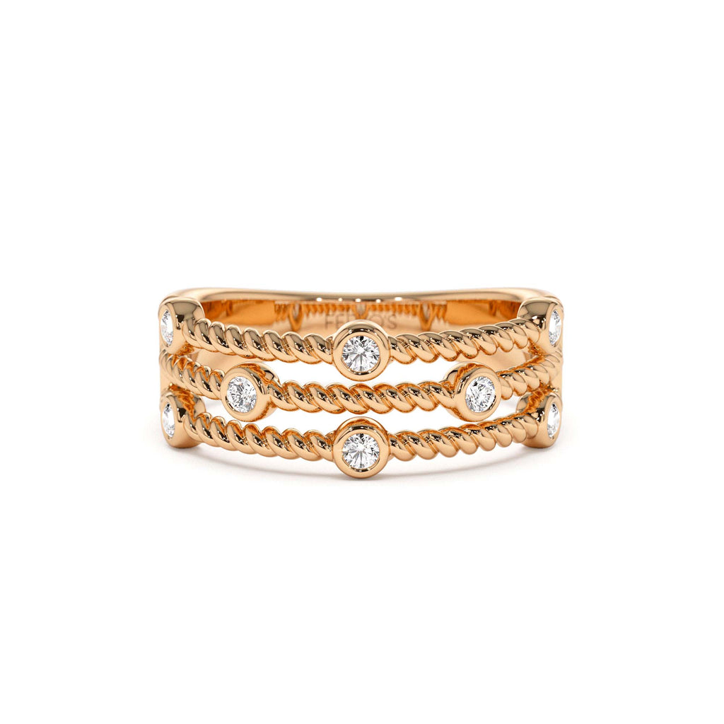 14K Gold Twisted Rope Triple Diamond Ring - view 2