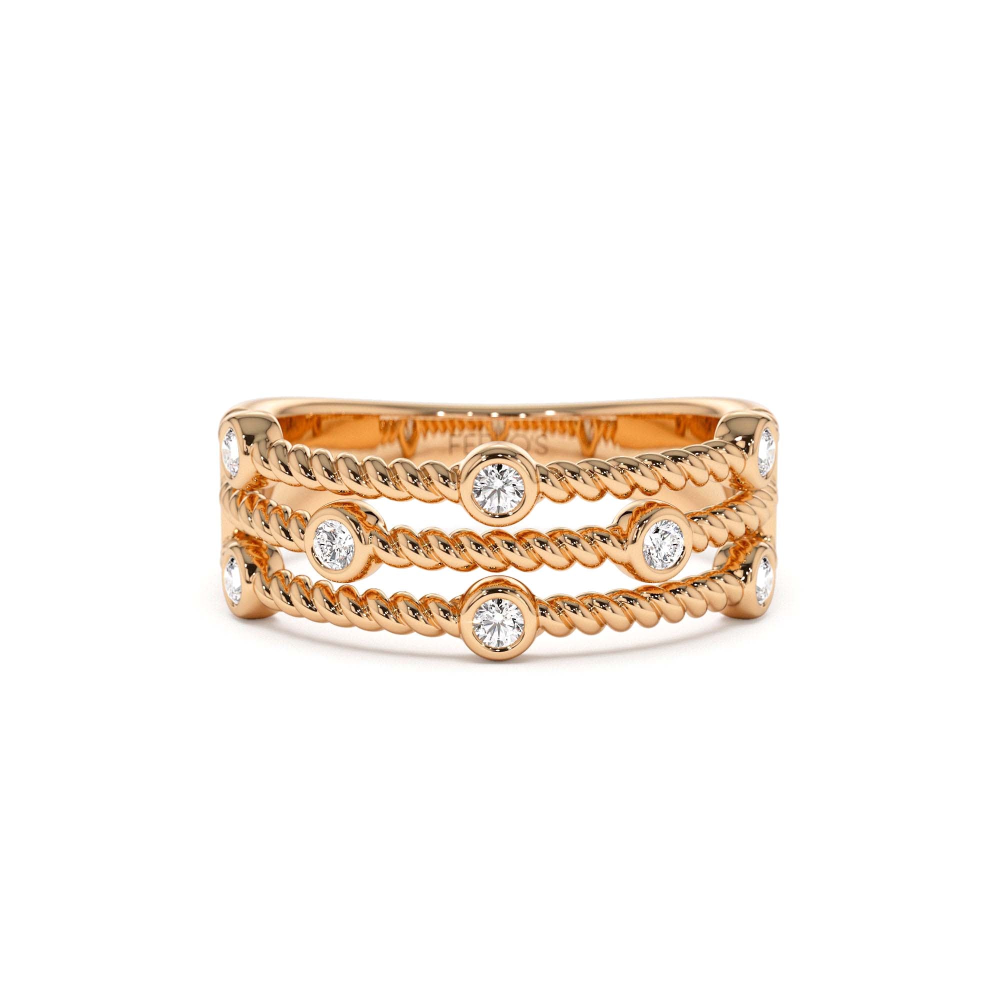 14K Gold Twisted Rope Triple Diamond Ring - view 2