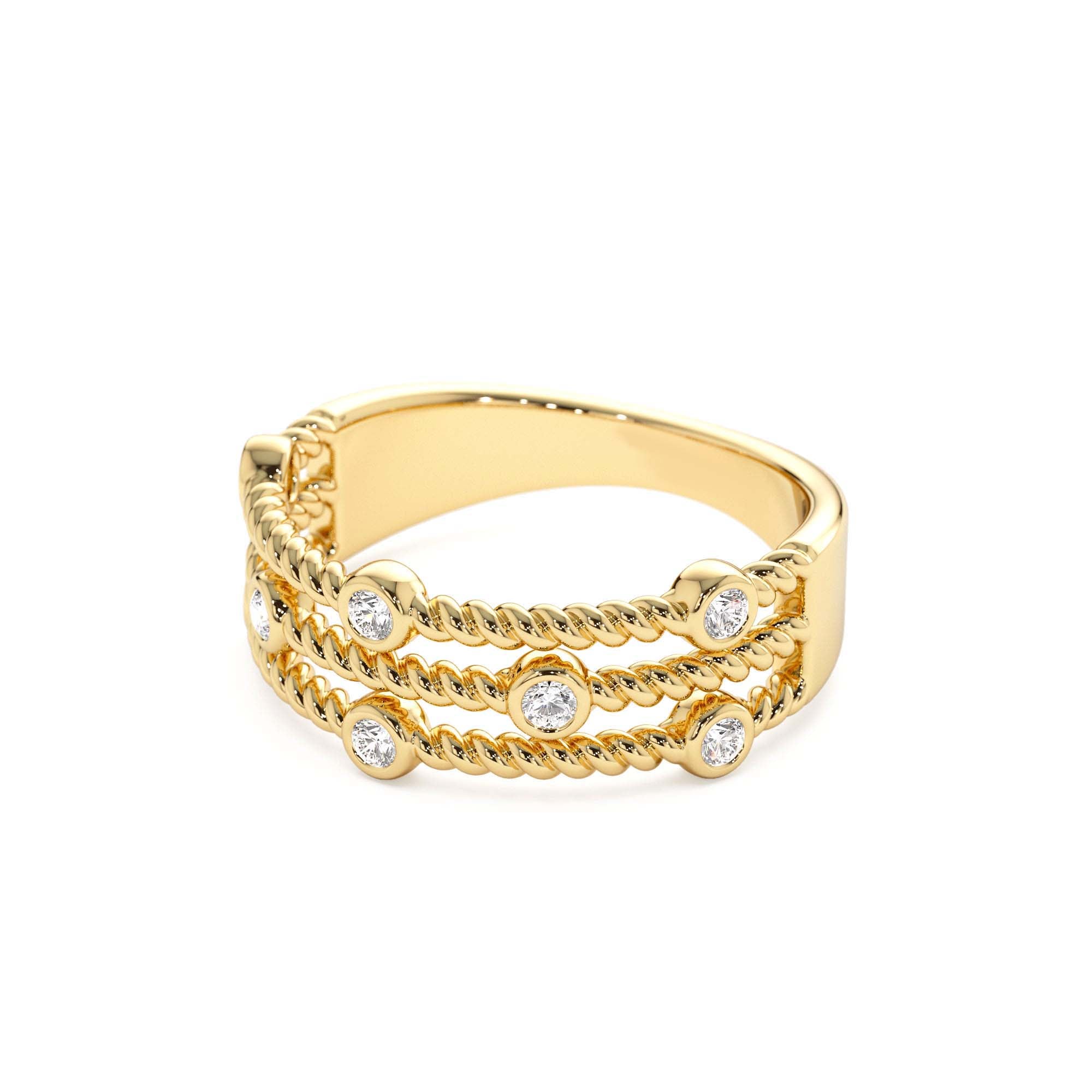 14K Gold Twisted Rope Triple Diamond Ring - view 4