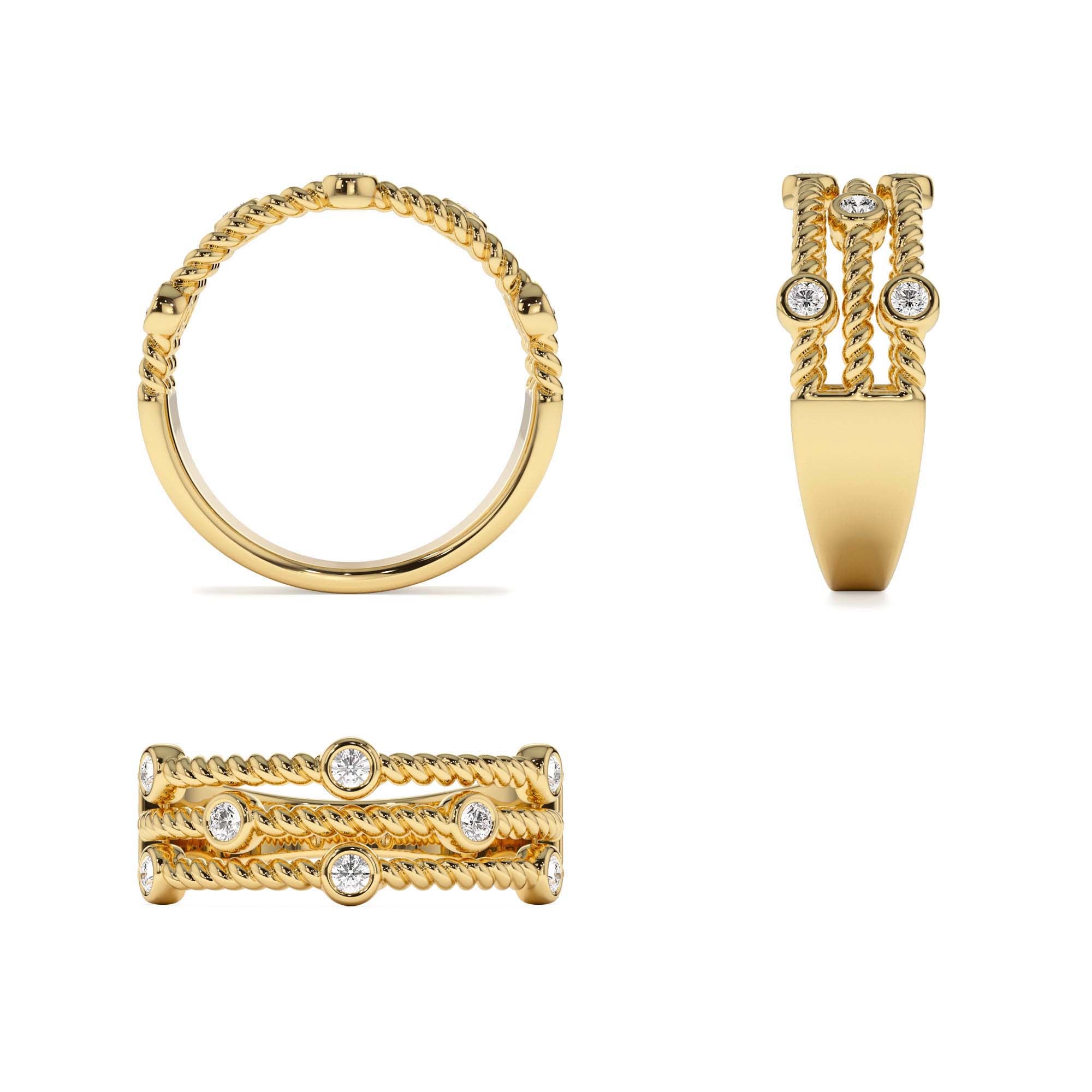 14K Gold Twisted Rope Triple Diamond Ring - view 5