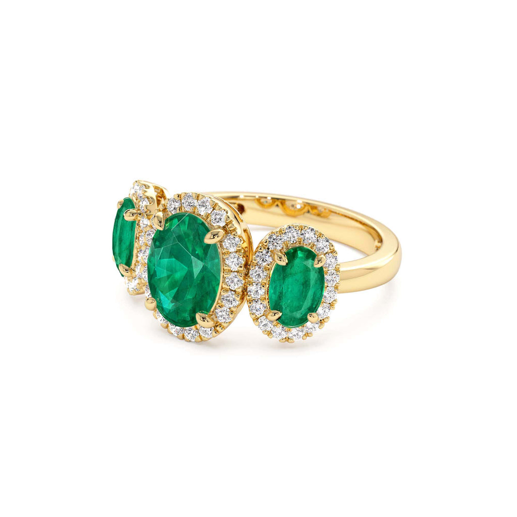 14K Three Stone Emerald Diamond Engagement Ring - view 2