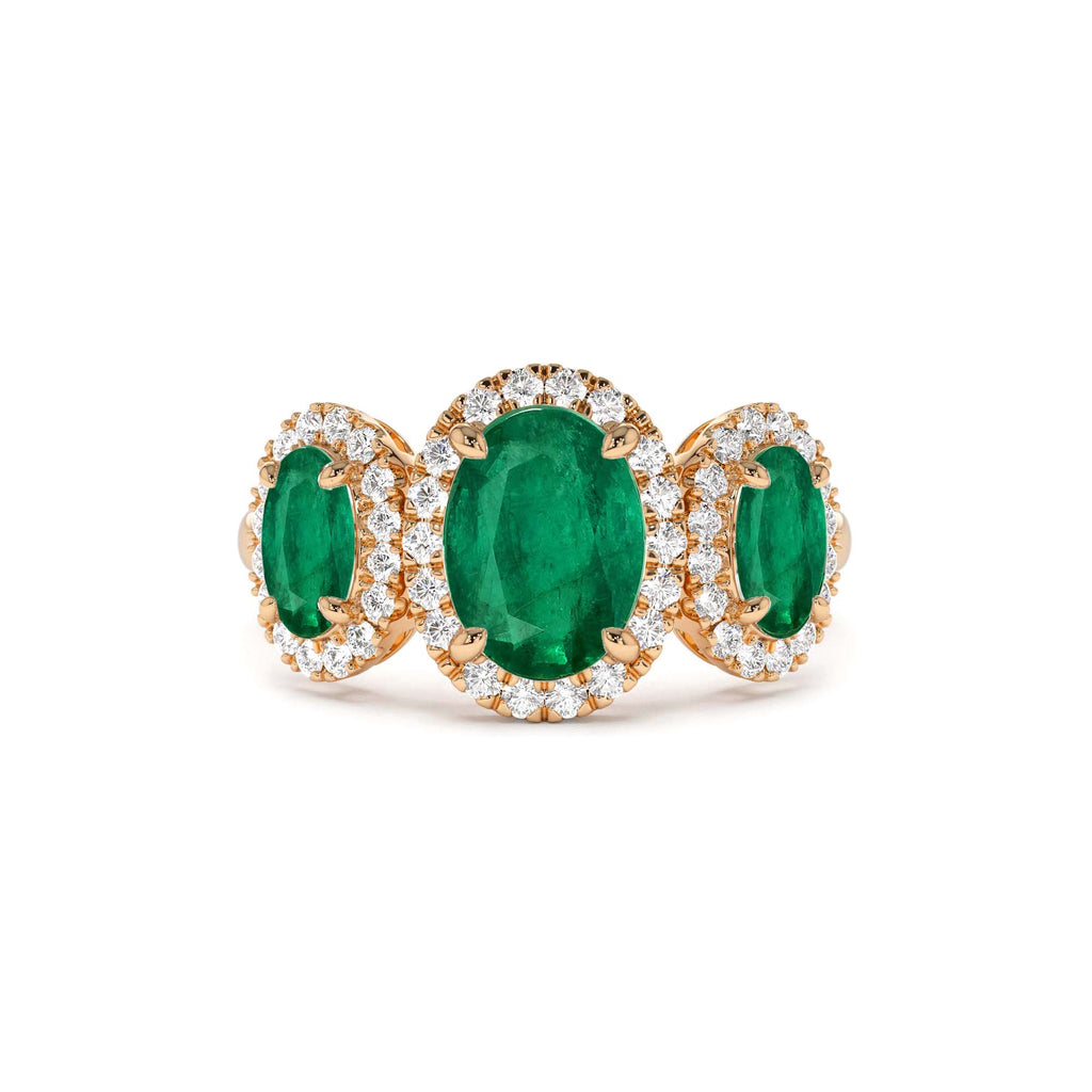 14K Three Stone Emerald Diamond Engagement Ring - view 3