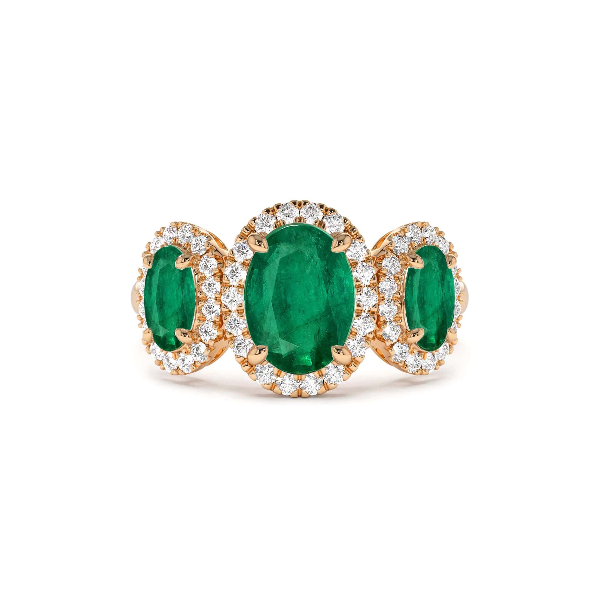 14K Three Stone Emerald Diamond Engagement Ring - view 3