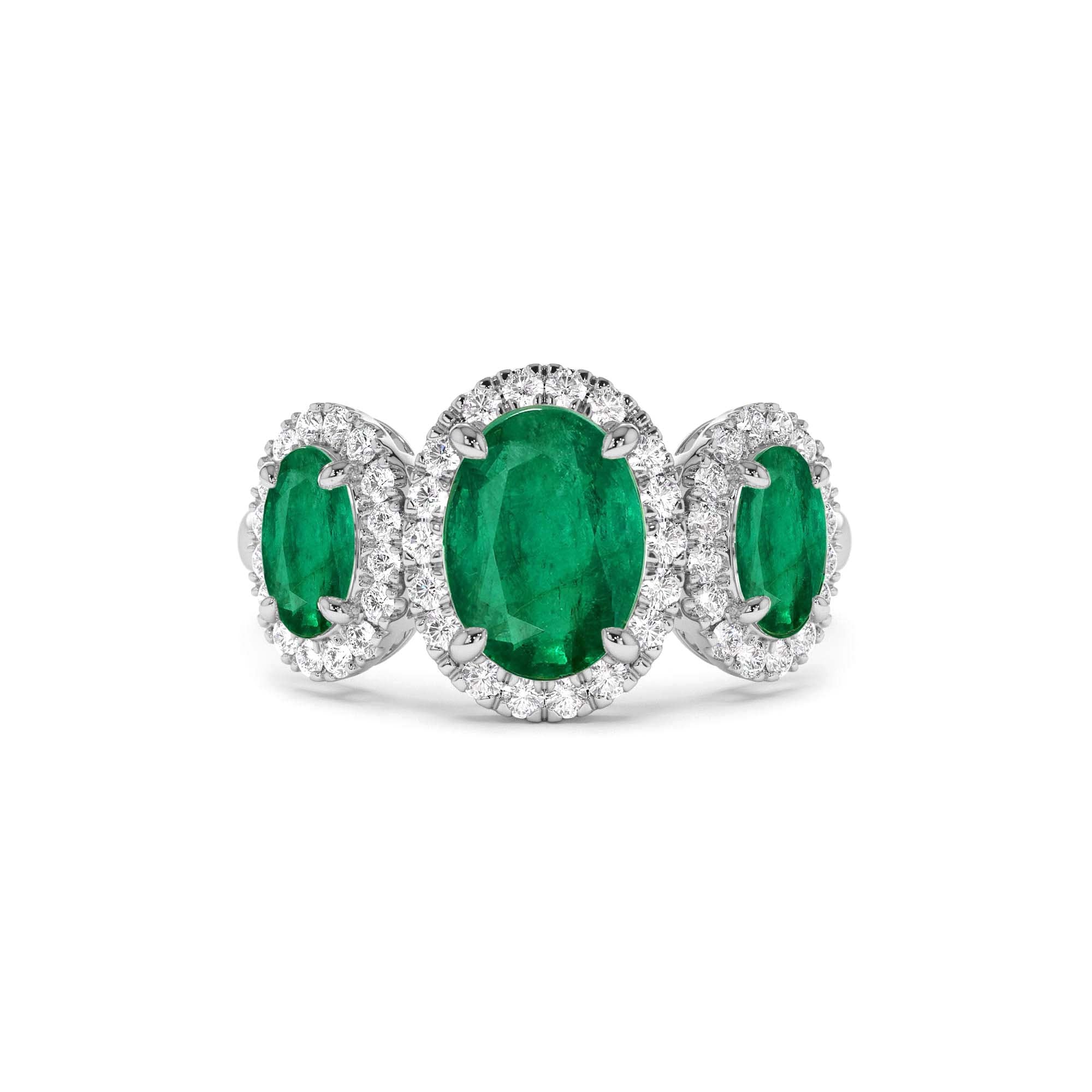14K Three Stone Emerald Diamond Engagement Ring - view 4