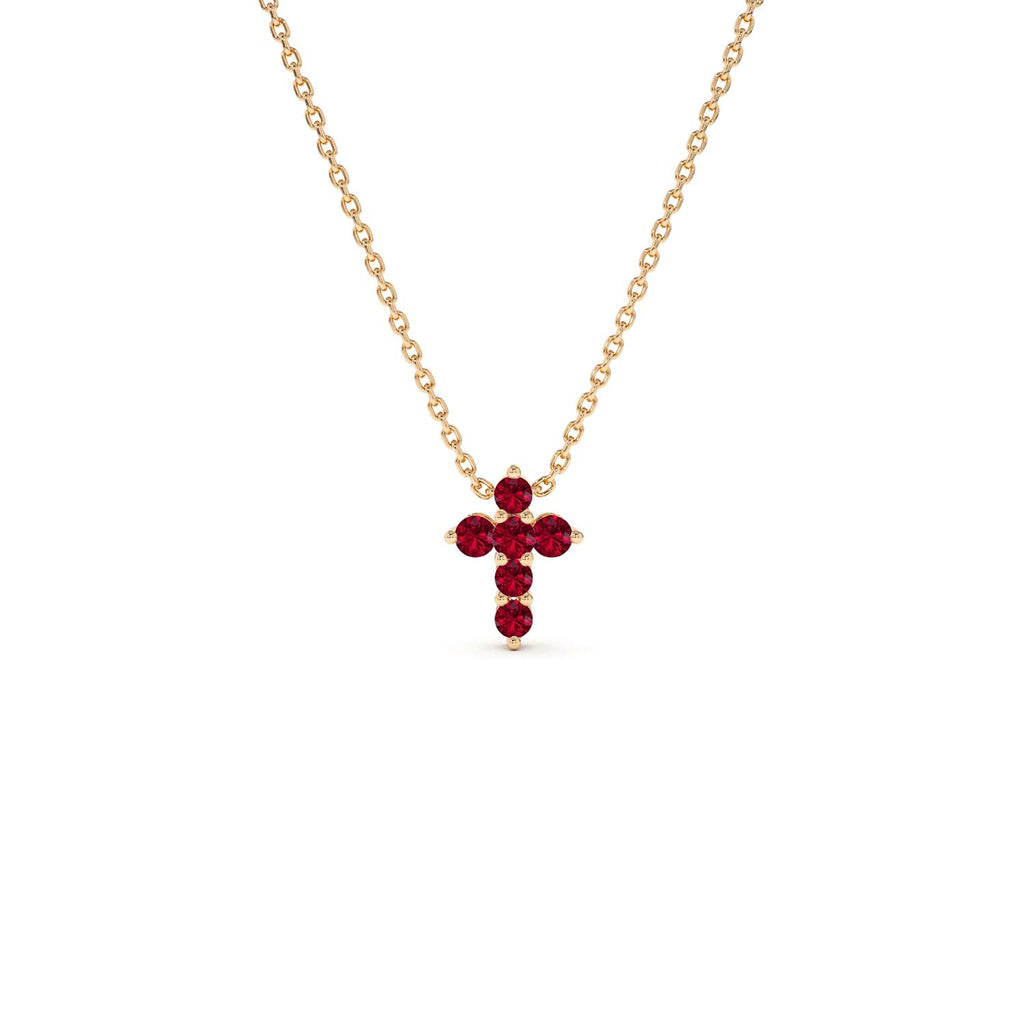 14K Tiny Ruby Cross Necklace - view 6