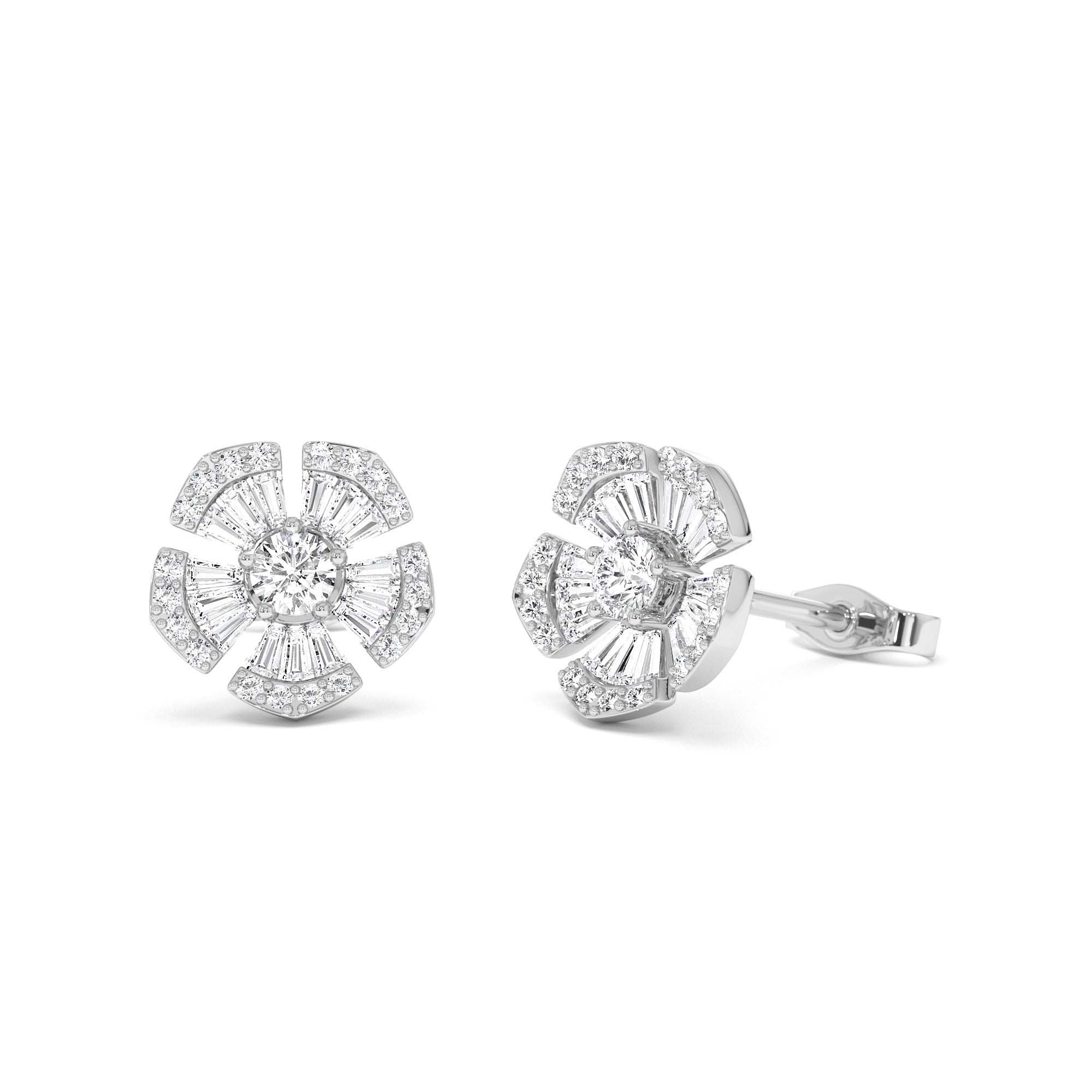 14k Baguette & Round Diamond Unique Flower Earrings - view 3