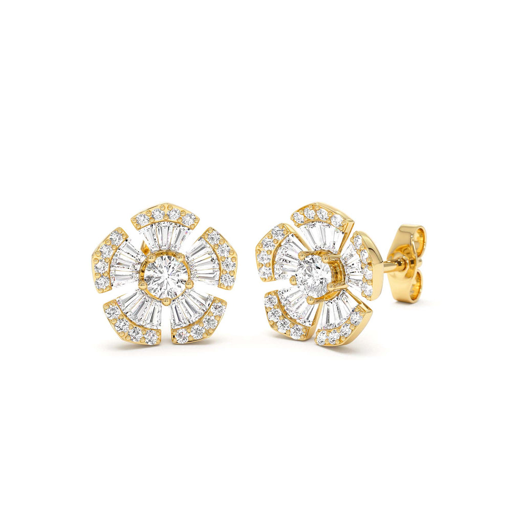14k Baguette & Round Diamond Unique Flower Earrings - view 5