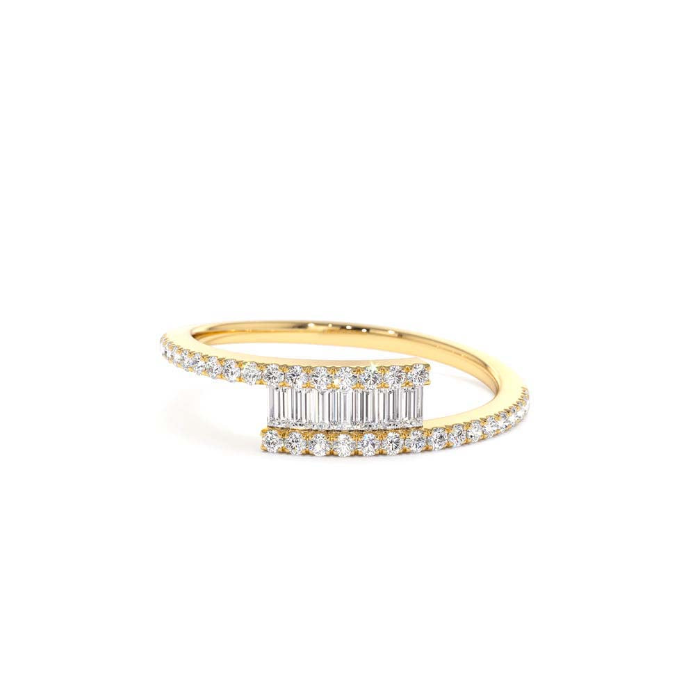 14k Cross Over Baguette Diamond Ring with Pave Diamonds by Orlina Fine