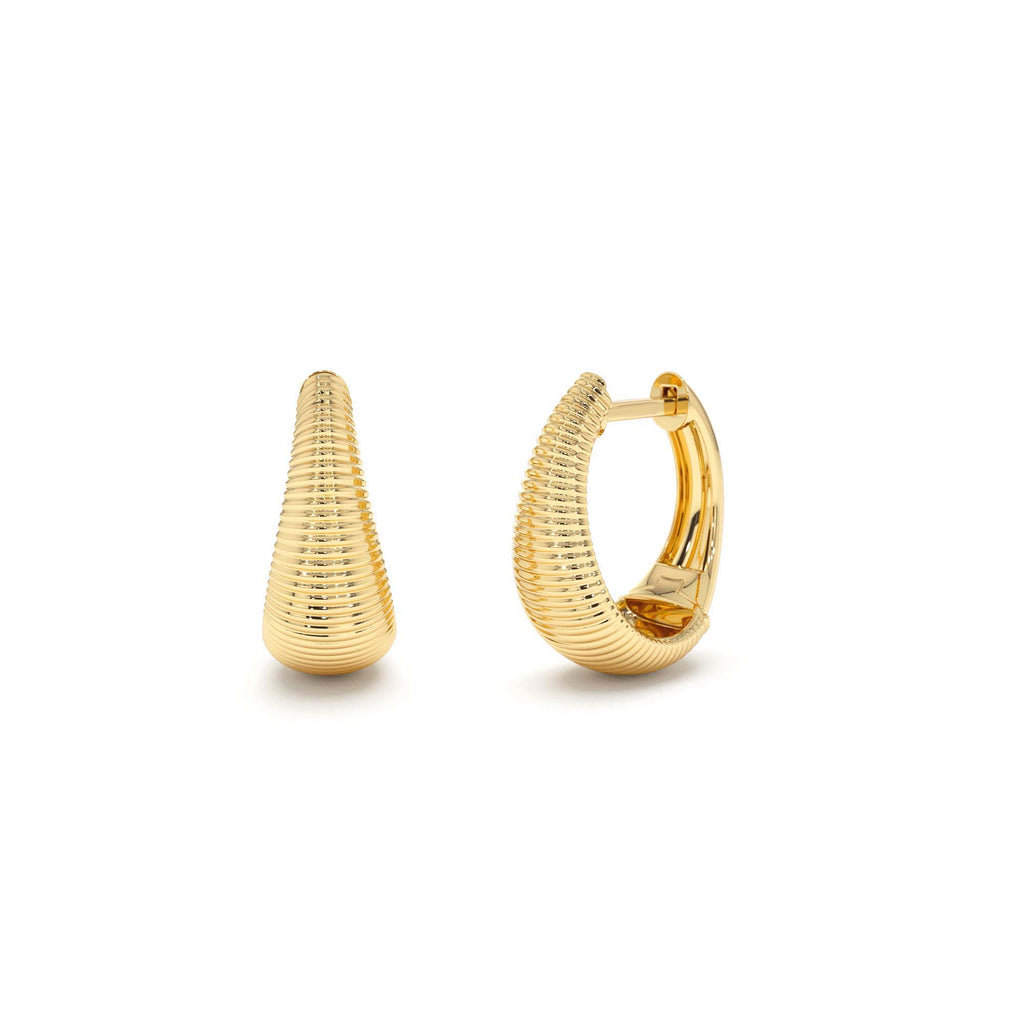 14k Gold Ribbed Teardrop Hoop Earrings by Orlina Fine