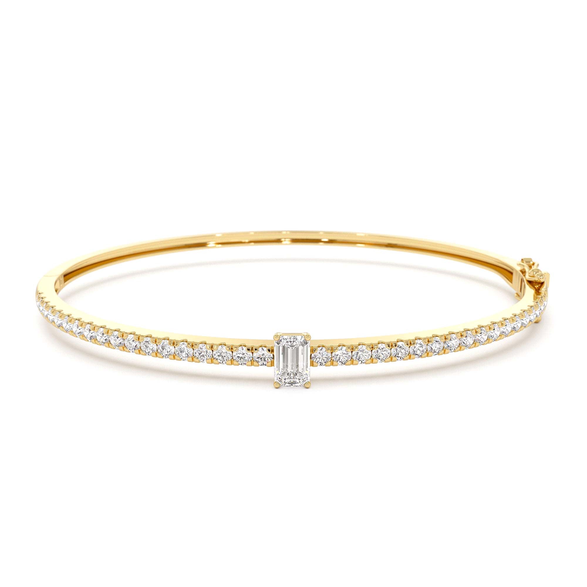 14k Gold Emerald Cut and Round Diamond Bangle by Orlina Fine